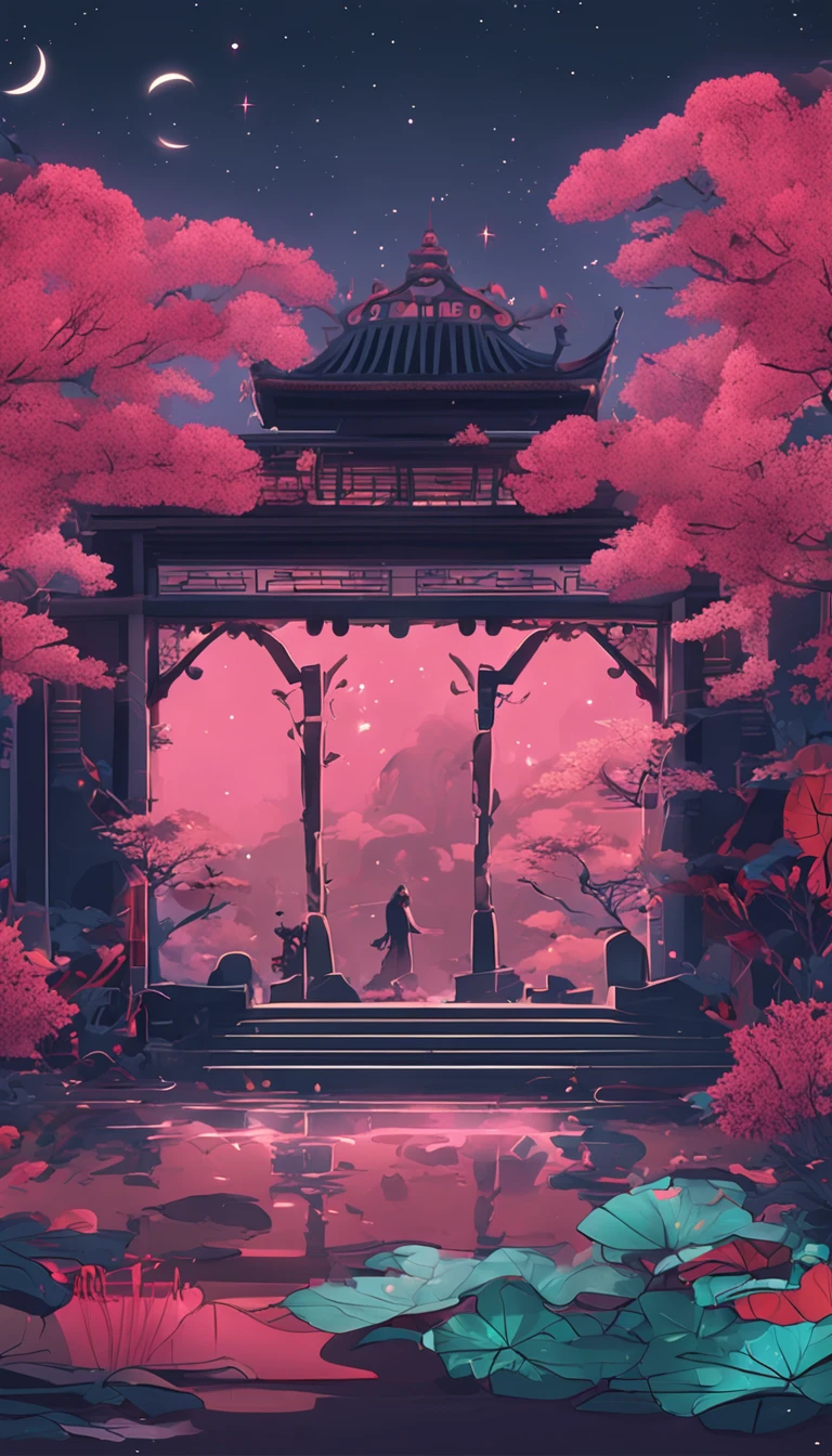 Design the metaverse poster,Requires the background to be a dark map,Contains lotus flowers,themoon,Ghosts and other elements