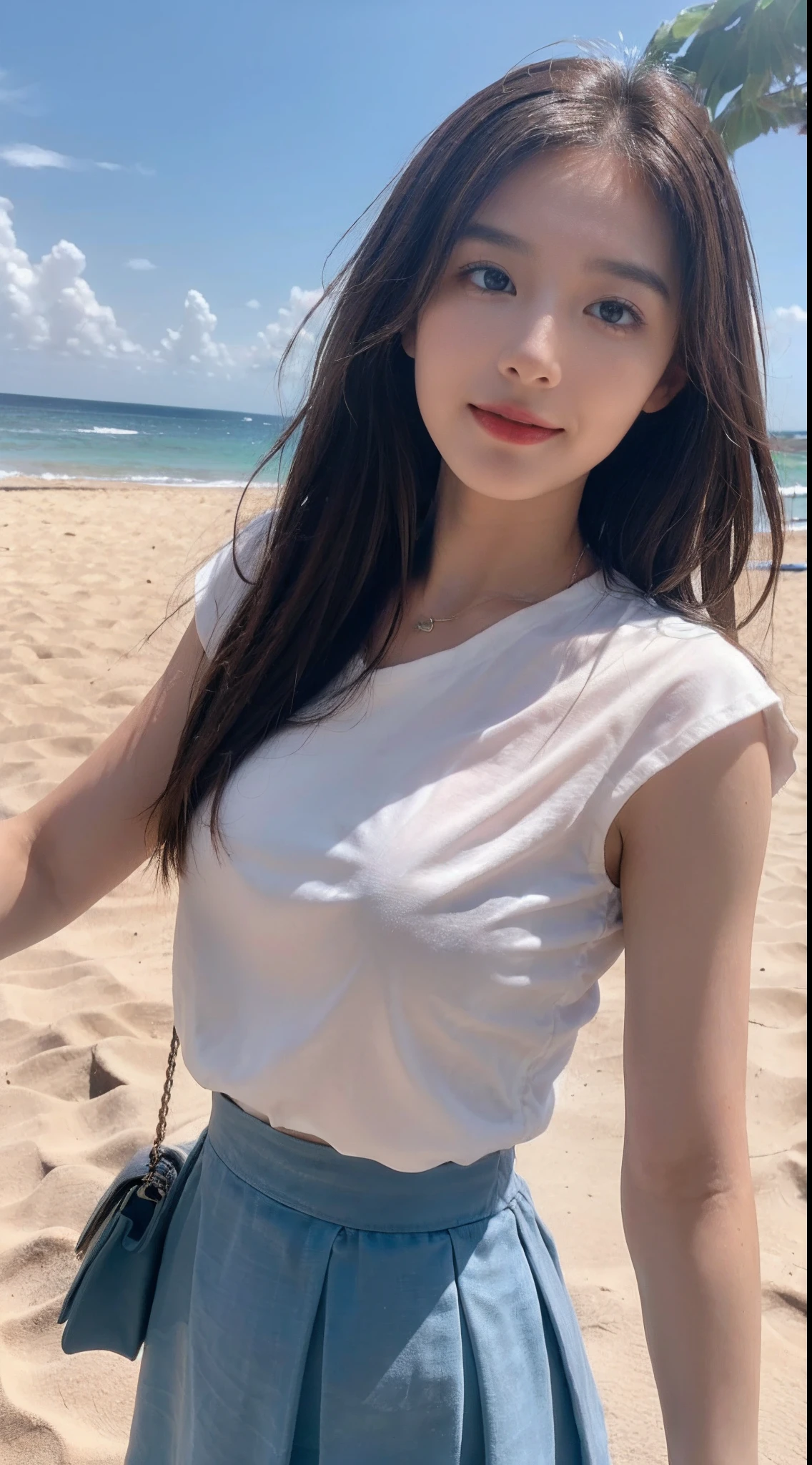 ((Best picture quality, 8K, tmasterpiece: 1.3)), self-shot, Sharp focus: 1.2, A cute beauty with a perfect figure: 1.4, Slim, ((Brown hair black)) , (whitet-shirt,pleatedskirt,Highly detailed face,Happy expression,standing on your feet:1.2),((with blue sky and white clouds,Beach by the sea:1.3. Produced with a major focus on women)),Highly detailed facial and skin texture,Detailed eyes,二重まぶた