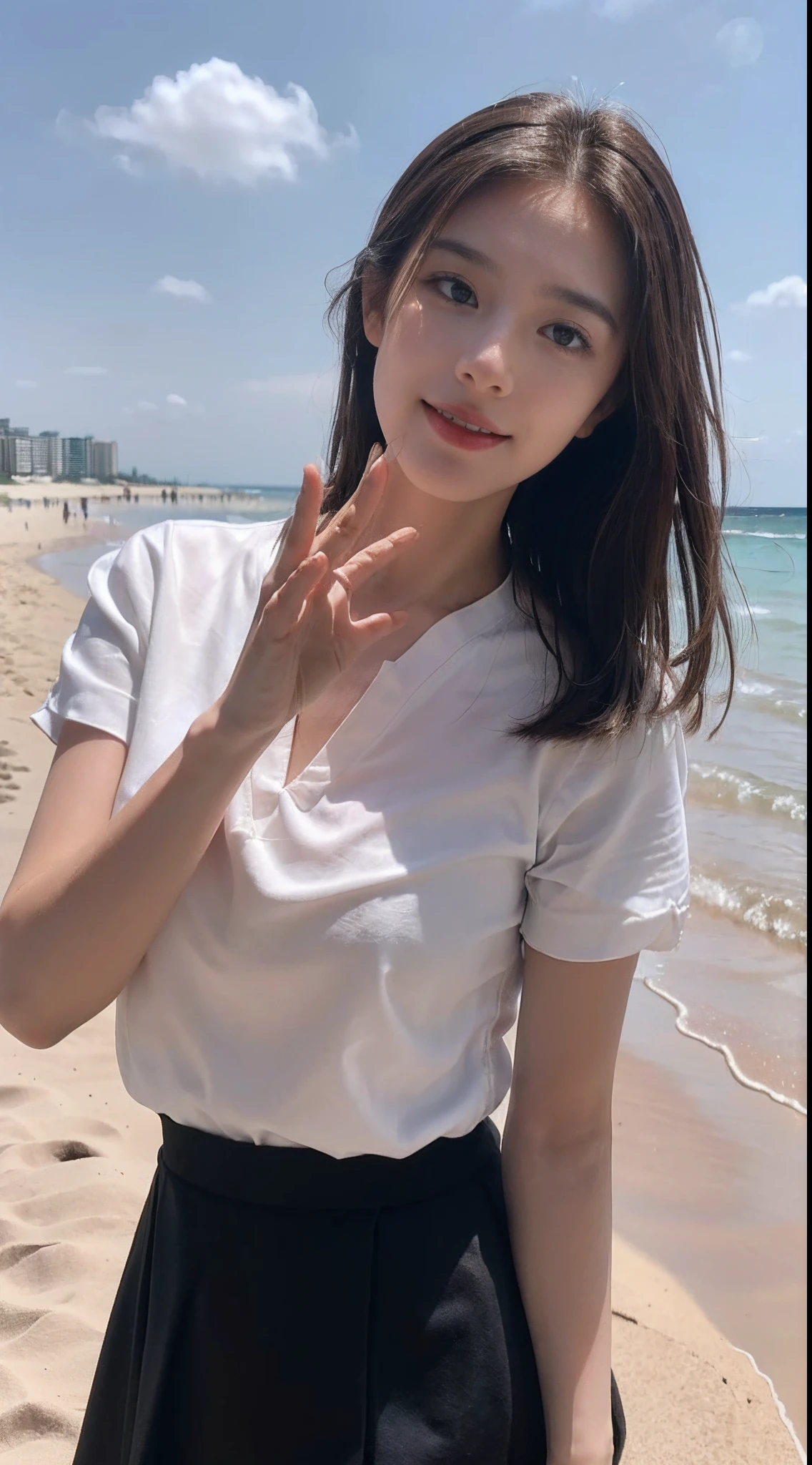 ((Best picture quality, 8K, tmasterpiece: 1.3)), self-shot, Sharp focus: 1.2, A cute beauty with a perfect figure: 1.4, Slim, ((Brown hair black)) , (whitet-shirt，pleatedskirt，Highly detailed face，Happy expression，standing on your feet：1.2），（（with blue sky and white clouds，Beach by the sea：1.3. Produced with a major focus on women）），Highly detailed facial and skin texture，Detailed eyes，二重まぶた