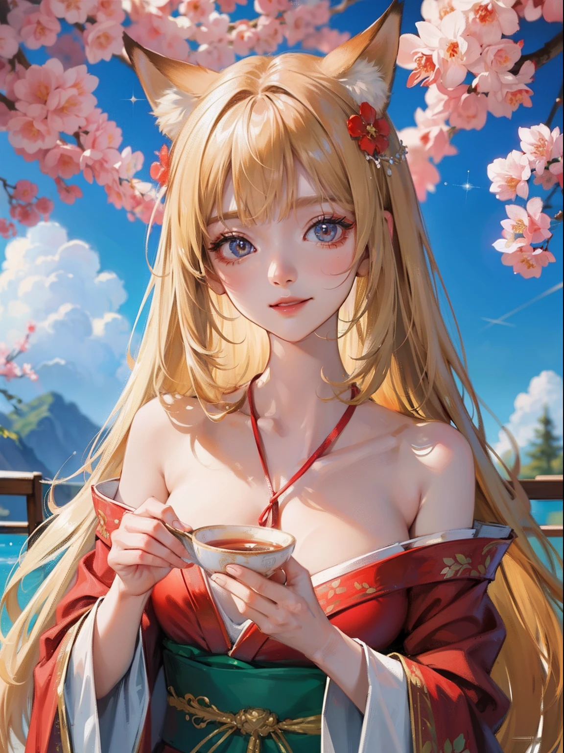 masutepiece, High resolution, 8K, anime woman, Delicate and detailed writing 、Detailed digital illustration、Very long hair and shiny、a very beautiful woman、Eyes are double, Large, Slender eyes、Bust is D cup、High image quality, High quality、Detailed background、I'm wearing a hair ornament.、Glittering background、The inside of the eye shines like a diamond、4 fingers, 1 thumb、Detailed female face、Smile、Very beautiful and cute woman、a blond、Fox ears、细致背景、masterpiece、Soft Focus , Bright gradient watercolor , Lens Flare , Glitter , Glow , Dreamy ,Red kimono、Background of the flower garden、Colorful rainbow flowers、Clear sky background、in woods、I'm grateful、The fox is next to you、Offering tea