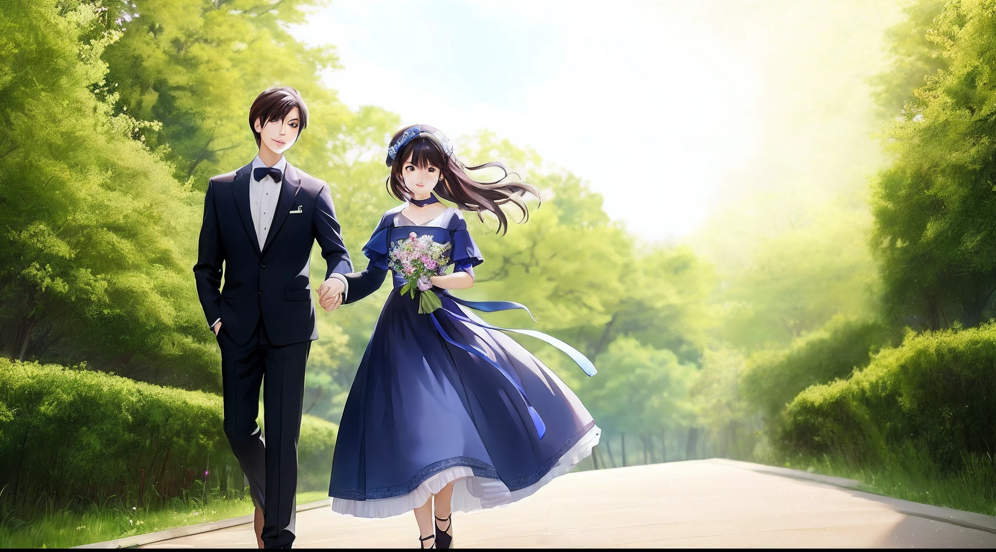 Anime couple walking hand in hand on the path of the park, visual novels CG, visual novel key visual, Makoto Shinkai e Tom Bagshaw, Smooth anime CG art, offcial art, Guviz-style artwork, official fanart, anime key visual of elegant, sakimichan and makoto shinkai, Makoto Shinkai and Artgerm