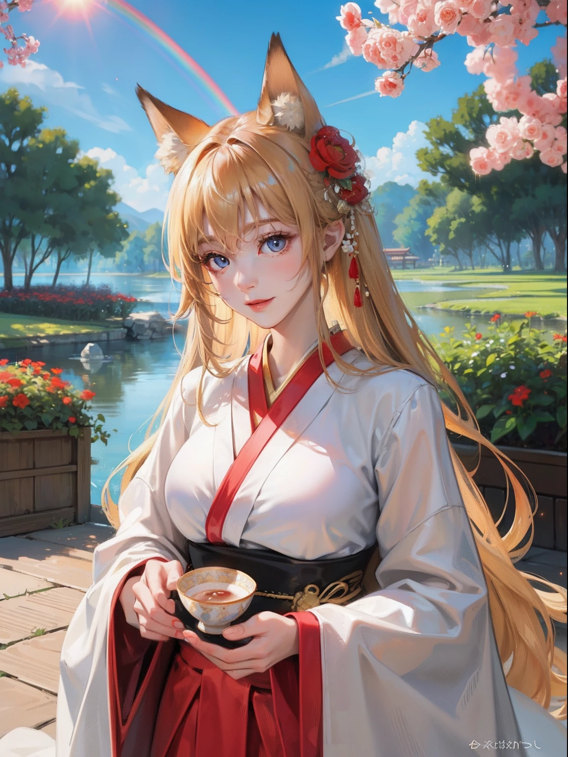masutepiece, High resolution, 8K, anime woman, Delicate and detailed writing 、Detailed digital illustration、Very long hair and shiny、a very beautiful woman、Eyes are double, Large, Slender eyes、Bust is D cup、High image quality, High quality、Detailed background、I'm wearing a hair ornament.、Glittering background、The inside of the eye shines like a diamond、4 fingers, 1 thumb、Detailed female face、Smile、Very beautiful and cute woman、a blond、Fox ears、细致背景、masterpiece、Soft Focus , Bright gradient watercolor , Lens Flare , Glitter , Glow , Dreamy ,Red kimono、Background of the flower garden、Colorful rainbow flowers、Clear sky background、in woods、I'm grateful、The fox is next to you、Offering tea