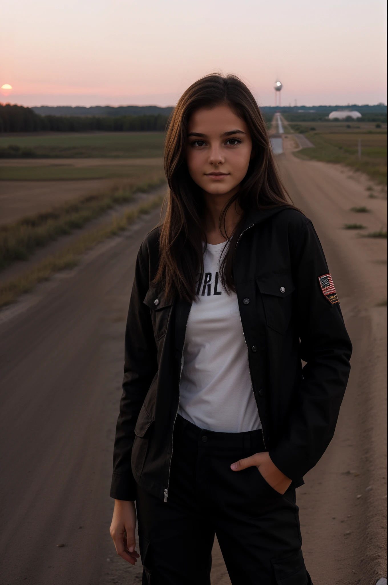 une jeune fille brune de 18 ans, pantalon cargo noir avec une veste, at a rocket launch site, sunset