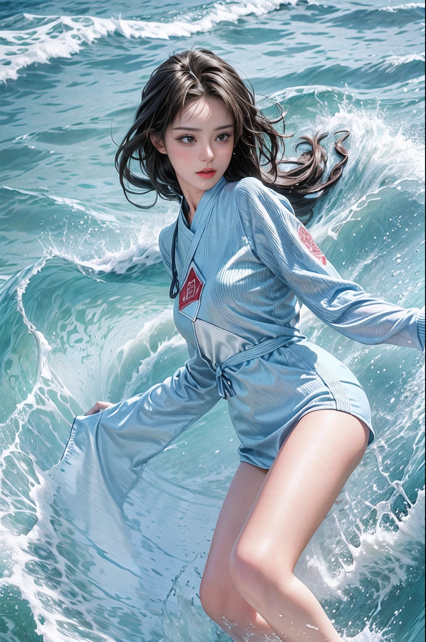 (Hyper-realistic) , (illustratio), (Increase the resolution), (8K), （RAW photos，best qualtiy），（realisticlying，photograph realistic：1.3），offcial art，统一 8k 壁纸，ultra - detailed，Beauty and aesthetics，tmasterpiece，best qualtiy，The clothes ar，wave，Body，Eau，rainwater，wave，1girll，Energy filled with water，The upper part of the body，maleperspective，