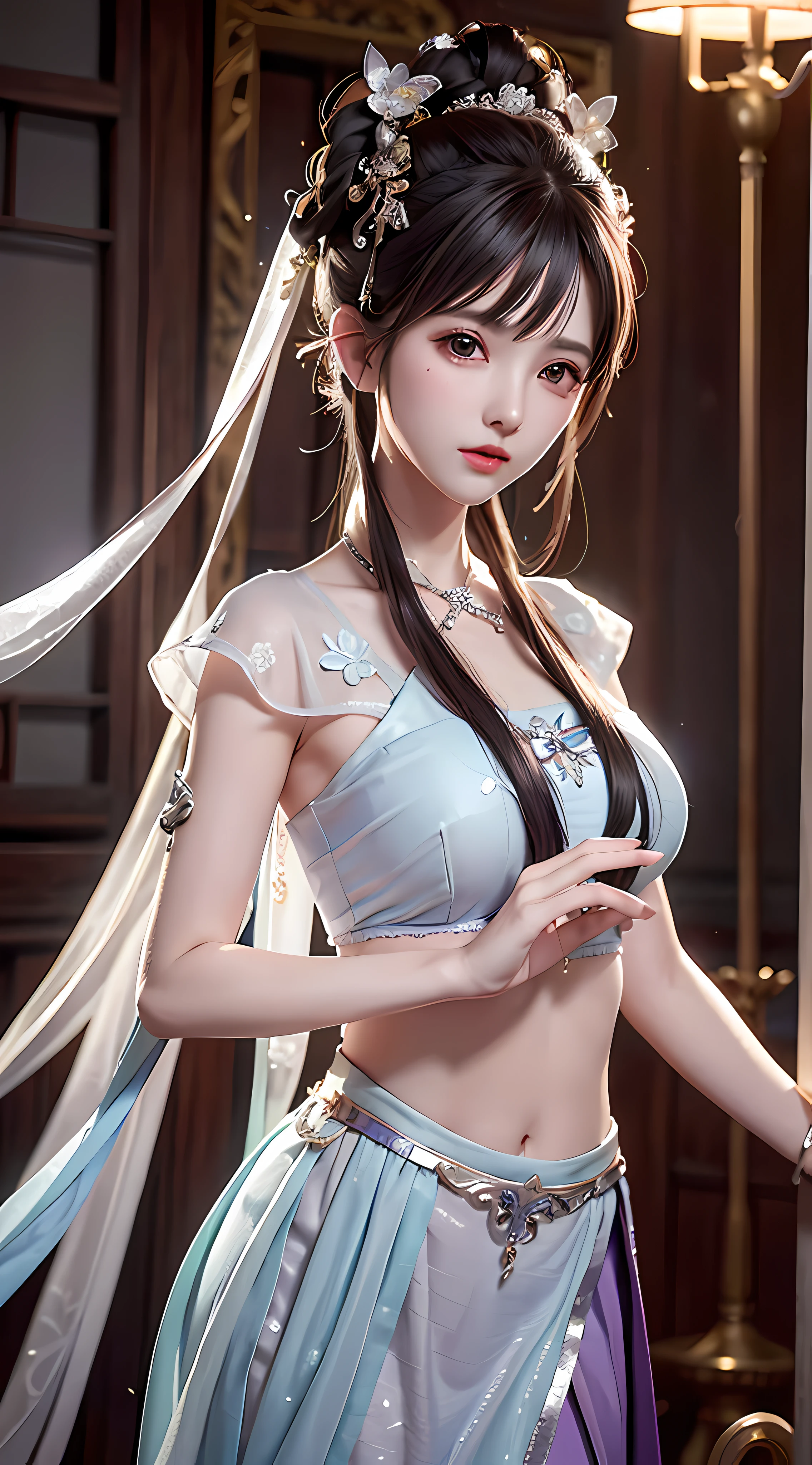 Bust photo, a beautiful woman, messy hair, girly, symmetrical bun, hair accessories, jewelry, delicate face, eye shadow, purple top, purple, purple, crop navel, purple long skirt, Dunhuang style, delicate embroidery, silver decoration, silver streamer, white streamer, light blue streamer, delicate skin, soft light effect, delicate and smooth hair, delicate details, eye highlights, fair skin, fine portrayal, extreme details, cinematic quality, thin, slender, broken, hair details, thin bangs, shawl hair, right body, shadow, air bangs, 8K, super fine, fine fabric texture, soft, smooth, smooth texture, Dunhuang style, delicate pattern, correct hand painting, anatomy correct, accurate, night, dark night, lighting, Tyndall effect, ray tracing, HUD,