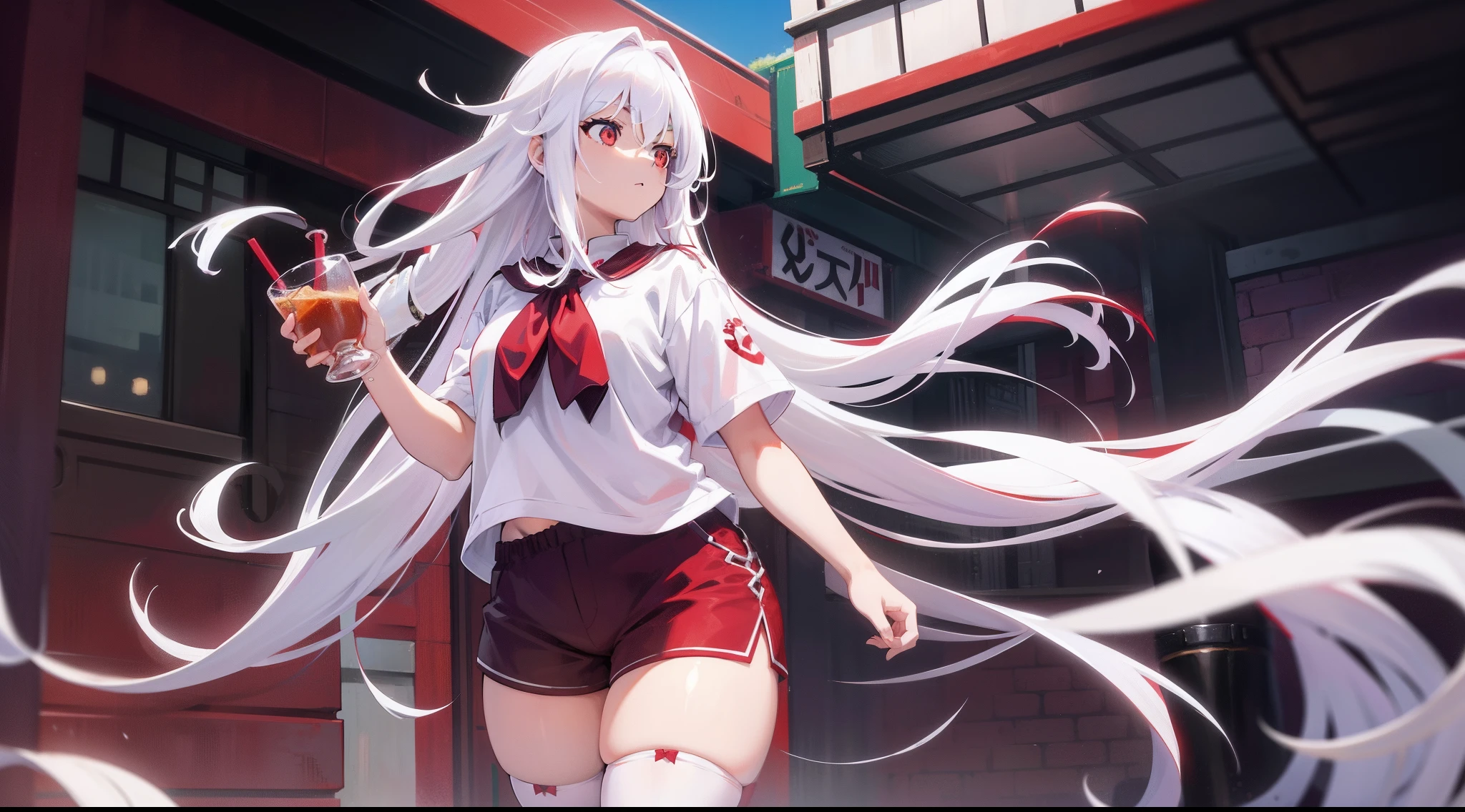 Long white hair, red color eyes, Dark purple shorts,Inside are white short sleeves,Wearing black stockings, Plump body, An anime character, Only one person,Drinking brown drinks on the street