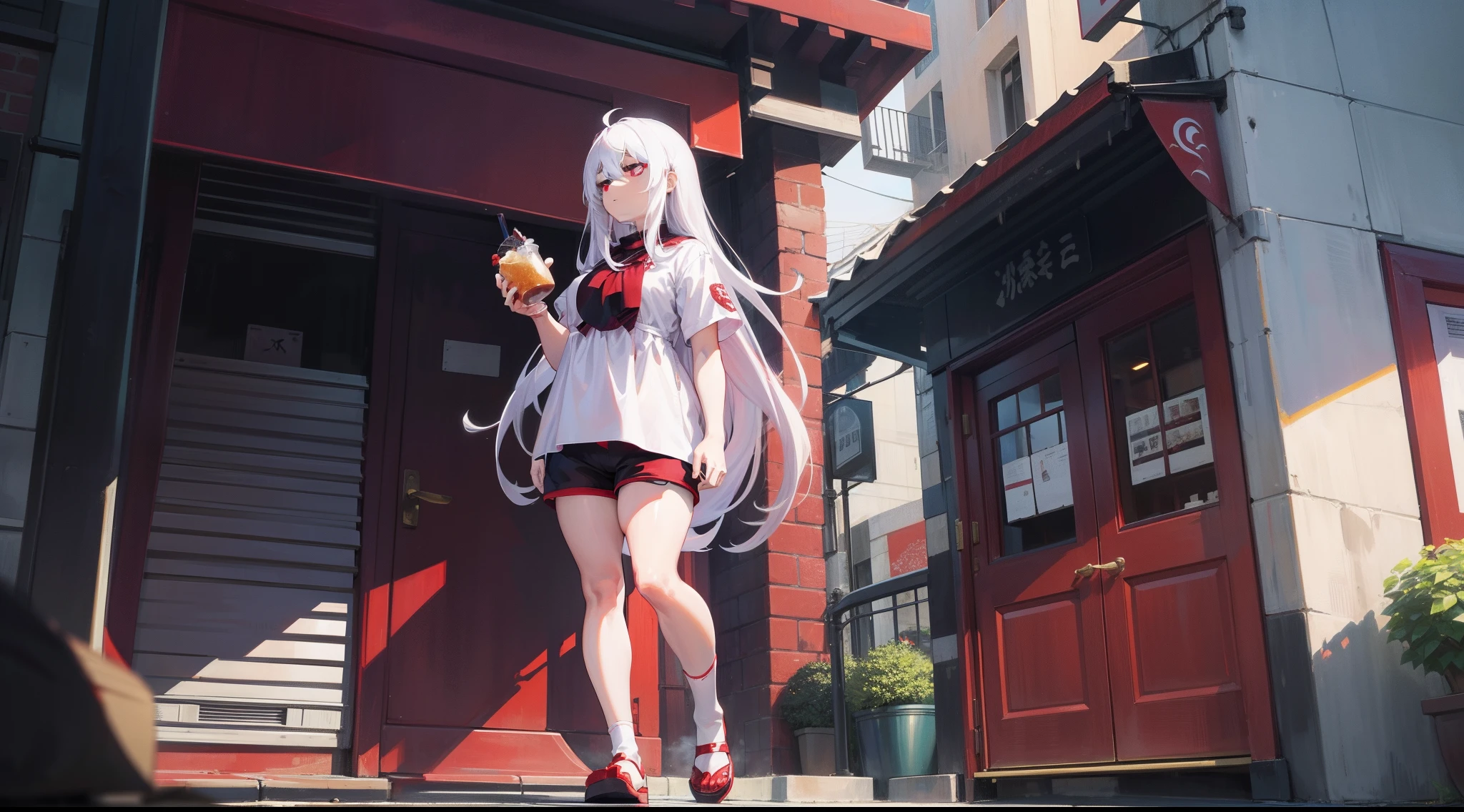Long white hair, red color eyes, Dark purple shorts,Inside are white short sleeves,Wearing black stockings, Plump body, An anime character, Only one person,Drinking brown drinks on the street