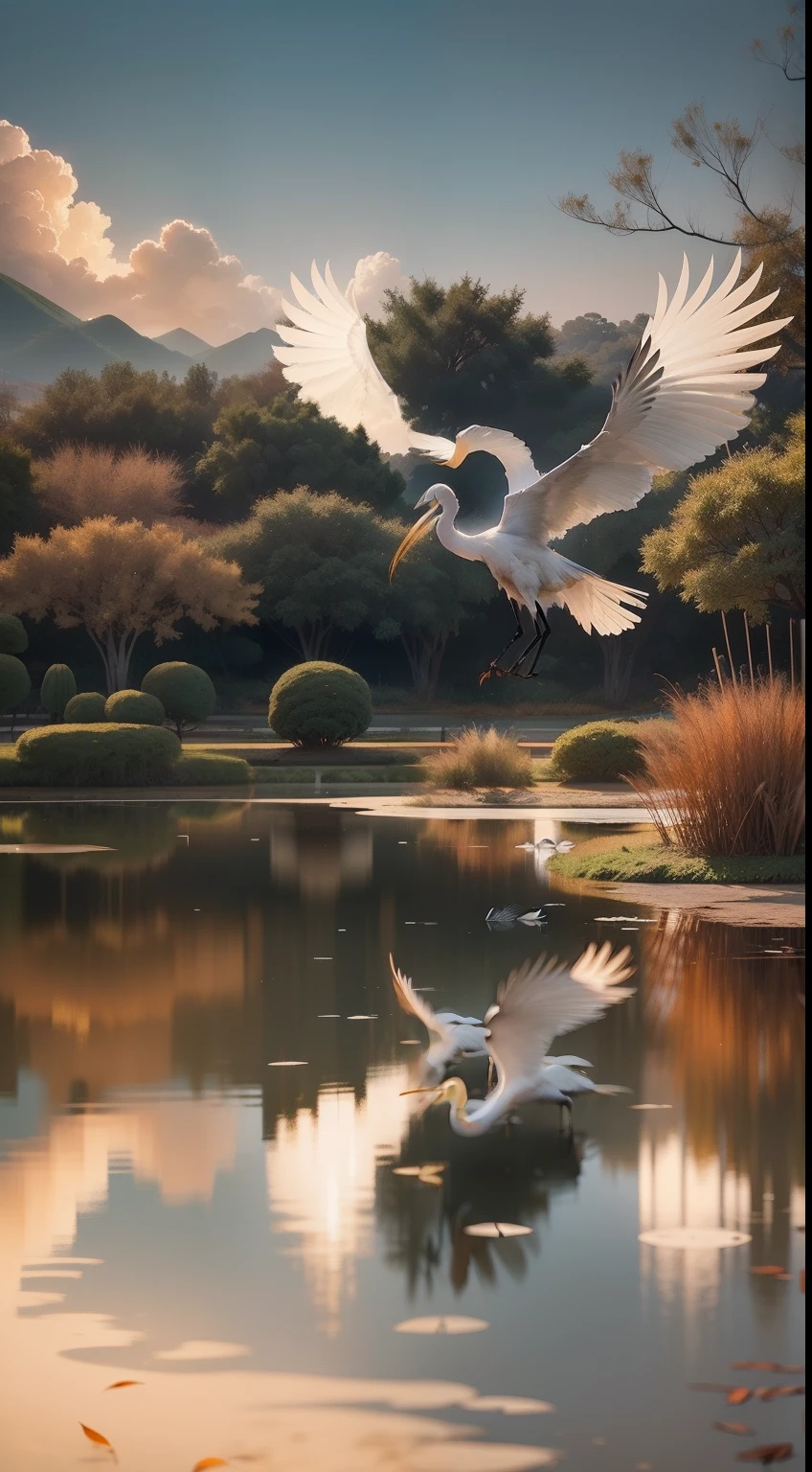 Egrets dance gracefully in the autumn pond，The reeds sway in the wind，Create a scene in Chinese style。The breath of the 24 solar terms pervades it。