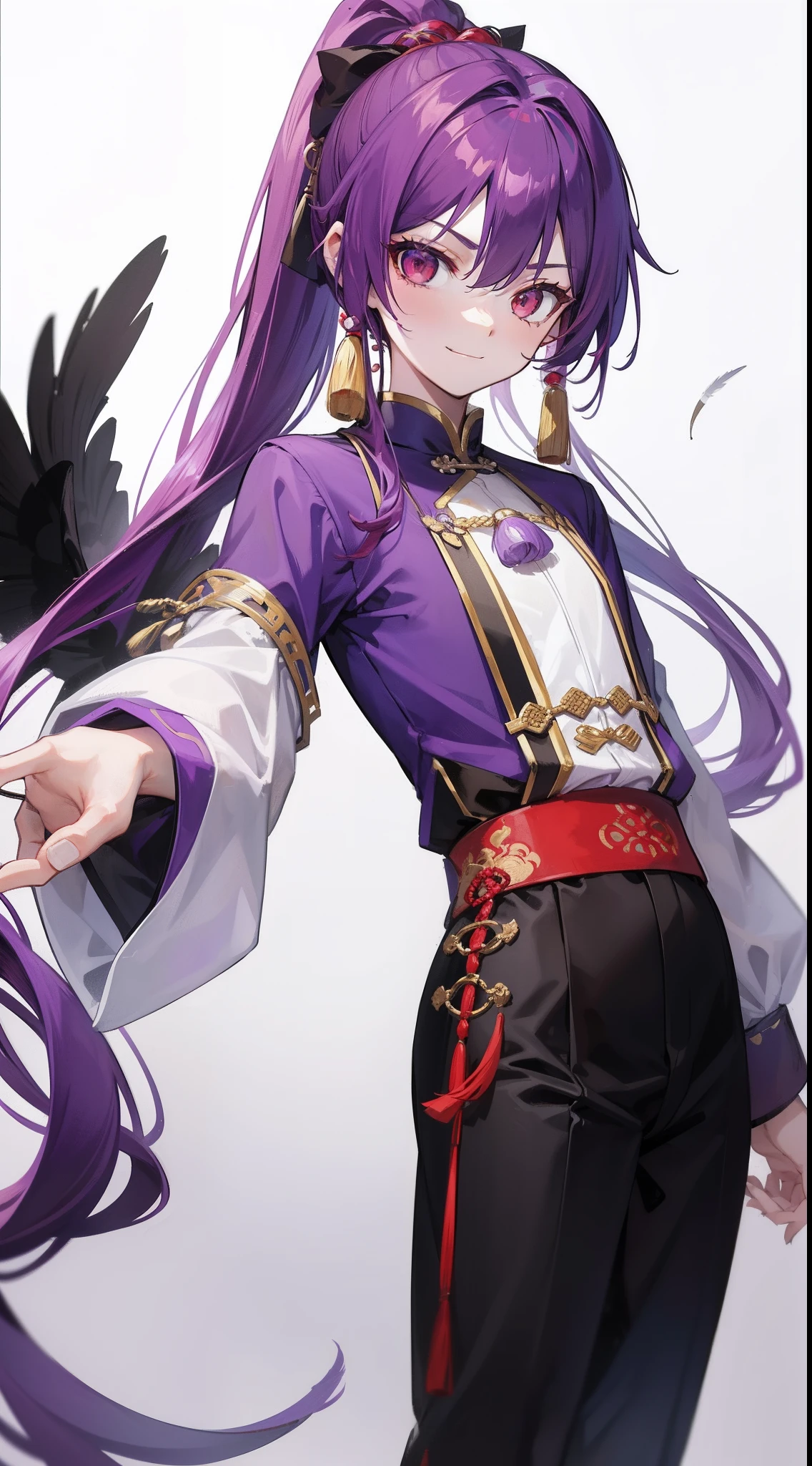 young boy, long purple hair, high ponytail, red-eyes, Chinese purple short-sleeved shirt, Via Hanifa, smirk, Feather Fan, Masterpiece, hiquality