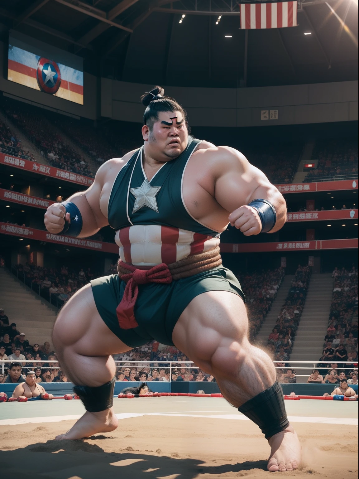((("Sumo captain america Illustration with Arena Background")))
Subject: A powerful illustration depicting Hulk transformed into a sumo wrestler, set in a traditional sumo arena.
Type of Image: Digital illustration.
Art Styles: Fusion, Intense.
Art Inspirations: Captain america iconic appearance and sumo wrestling aesthetics.
Character Design: Captain america reimagined as a sumo wrestler, donning a sumo mawashi (belt) while retaining his massive size and green complexion, blending superhero strength with sumo prowess.
Background: Authentic sumo arena featuring the dohyo (ring), audience seating, and symbolic decorations, capturing the essence of sumo wrestling tradition.
Camera: Full body.
Pose: Dominating sumo wrestler pose, showcasing Captain america immense power and sumo wrestler stance.
Render Related Information: Merging Hulk's superhero persona with sumo wrestling elements in a traditional arena setting.
Camera Lens: 50mm.
View: Full body.
Lighting: Arena lighting casting dramatic shadows on Hulk's form and the dohyo's surface.
Resolution: 4K.