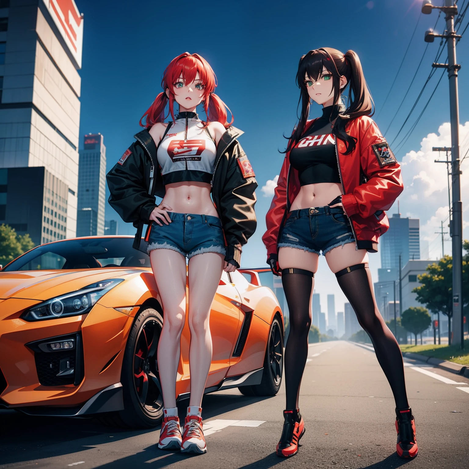 Full body shot, female asian Irina Shidou red hair twintails green eyes, in a cyberpunk city, wearing a bomber jacket and crop top and denim shorts, standing next to a Nissan GT-R, frontal shot, masterpiece, highly detailed