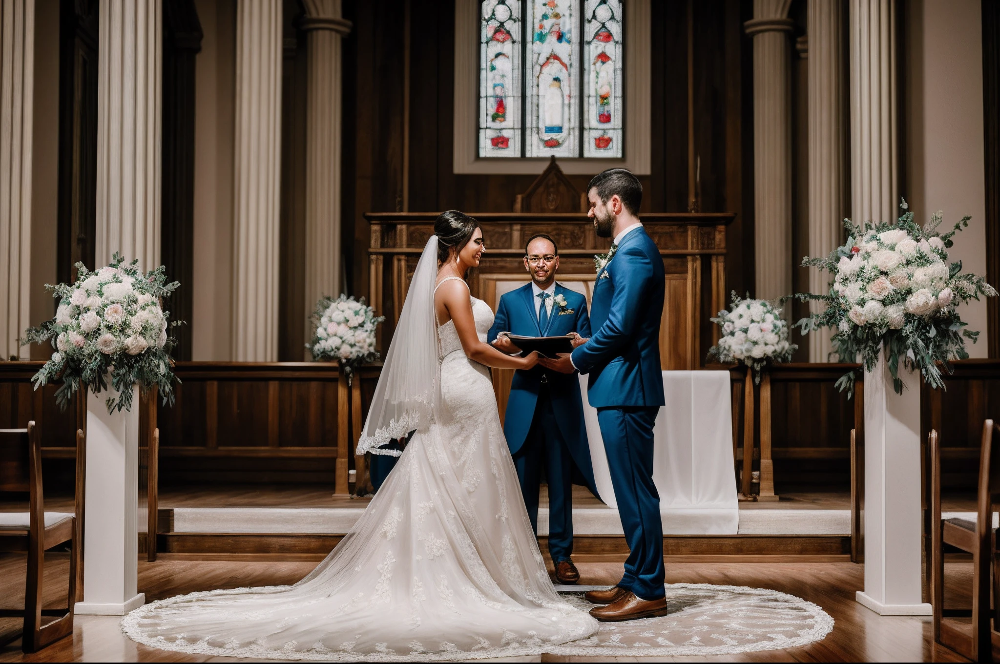 RAW photo, best,masterpiece, best quality, high quality, extremely detailed,bride and groom standing in front of altar looking at each other, wedding photo, wedding photography, bride and groom, photography, wedding, professional wedding photography, photo taken with nikon d750, photo taken with nikon d 7 5 0, lovely couple, portrait couples, noiseless post processing, color corrected, professionally retouched, sandra chevier, photo from behind