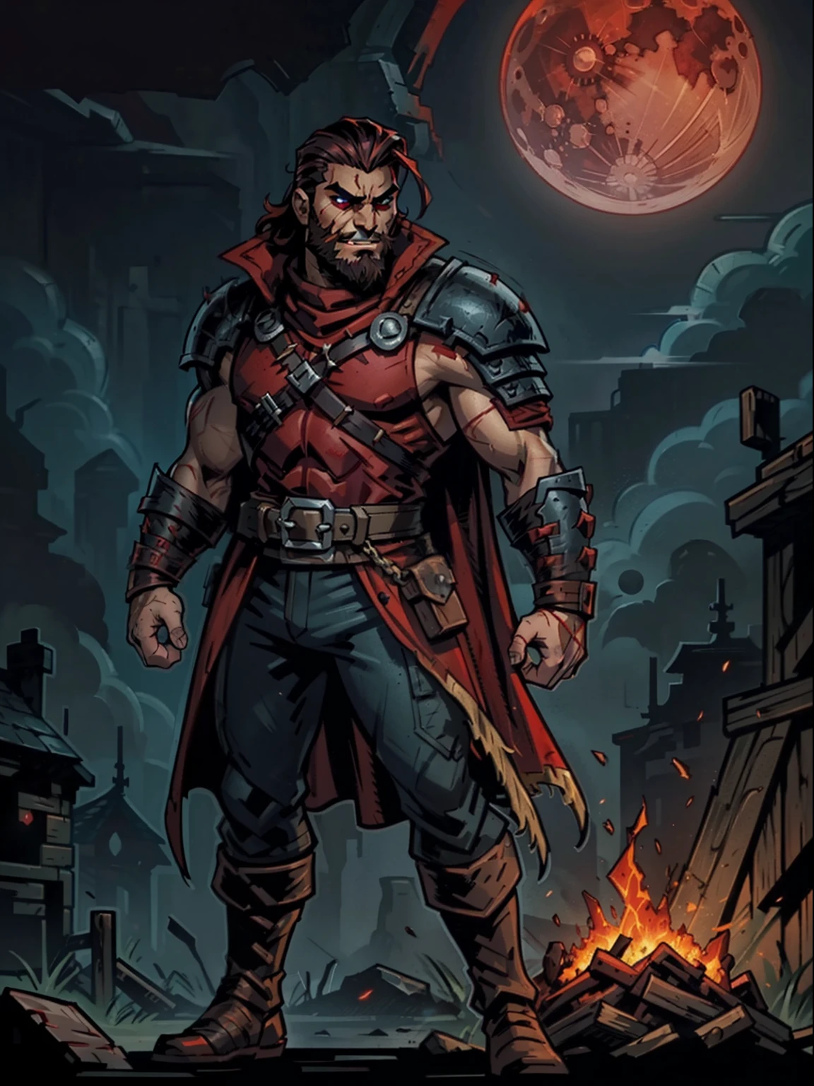 Blood moon background, Darkest Dungeon style, casting fire. Sadurang from Marvel, hunk, buffed physics, short mane hair, mullet, defined face, detailed eyes, short beard, glowing red eyes, dark hair, wily smile, badass, dangerous. Wearing big green classy overcoat, underarmor, cargo pants