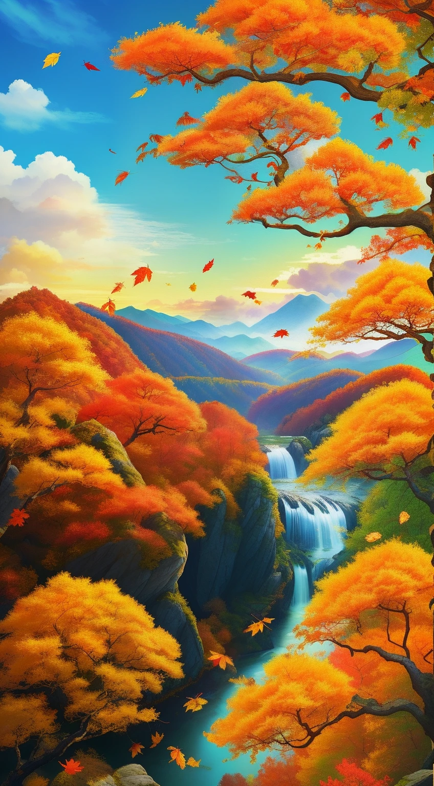 autumnal,Chinese solar terms poster,autumnal,Yellow leaves,fall leaves,mont,Foliage,Autumn landscape,Twenty solar terms,Traditional Chinese solar term term,autumnal,tmasterpiece、8K ,Faraway view,balmy autumn day,with blue sky and white clouds,Alpine streams