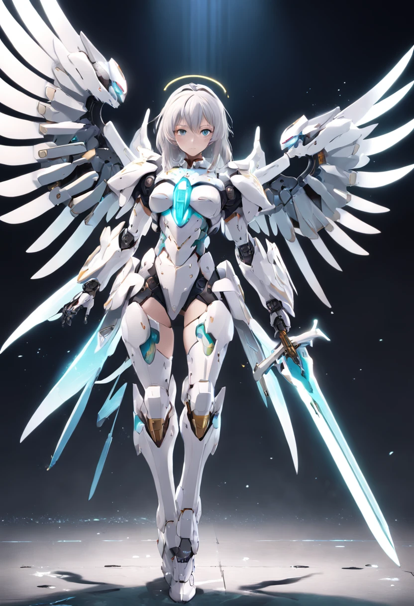 Anime - style rendering of female robot with wings and sword, ferra white mecha, ethereal and mecha theme, female mecha, Mecha wings, anime robotic mixed with organic, Mechanized Valkyrie girl, in white futuristic armor, pristine concept art, futuristic robot angel, alexandre ferra white mecha, 3 D rendering character art 8 K