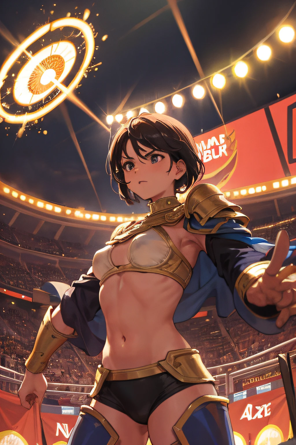 A triumphant gladiator stands in the center of the arena, the crowd roaring in approval of their champion.