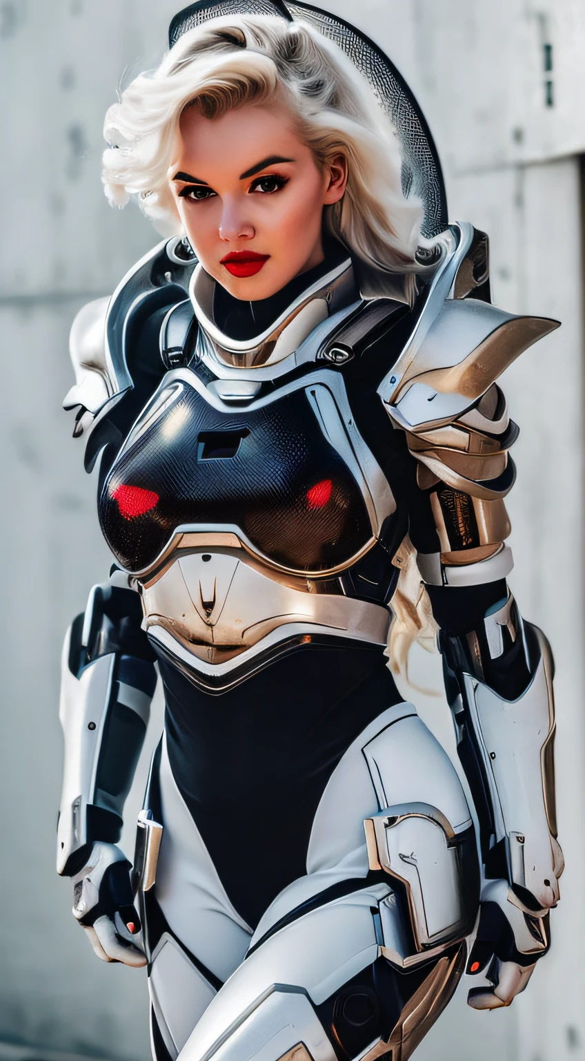 rompts
Copy
(Top Quality, 8k, 32k, Masterpiece, UHD: 1.3), (Charming Marilyn Monroe Face: 2.0), One Woman, American Woman, ((Big: 1.4)), (Wavy White Hair), Abs, Perfect Body, Ultra Detailed Face, Wearing Makeup, Detailed Red Lips, Double Eyelids, (Seductive), ((Excited: 1.5)), ((Areola Slip)), (in estrus)), ((()), Sexy girl, big, astounding beauty, floating light particles, (floating big light particles: 1.8), angle from the side (looking at the camera), mecha cyber armor girl, white mecha, female mech, mechanized valkyrie girl, beautiful white girl cyborg, armor girl, sci-fi in military armor, sci-fi woman, white futuristic armor, Gorgeous female paladin, mechanized soldier girl