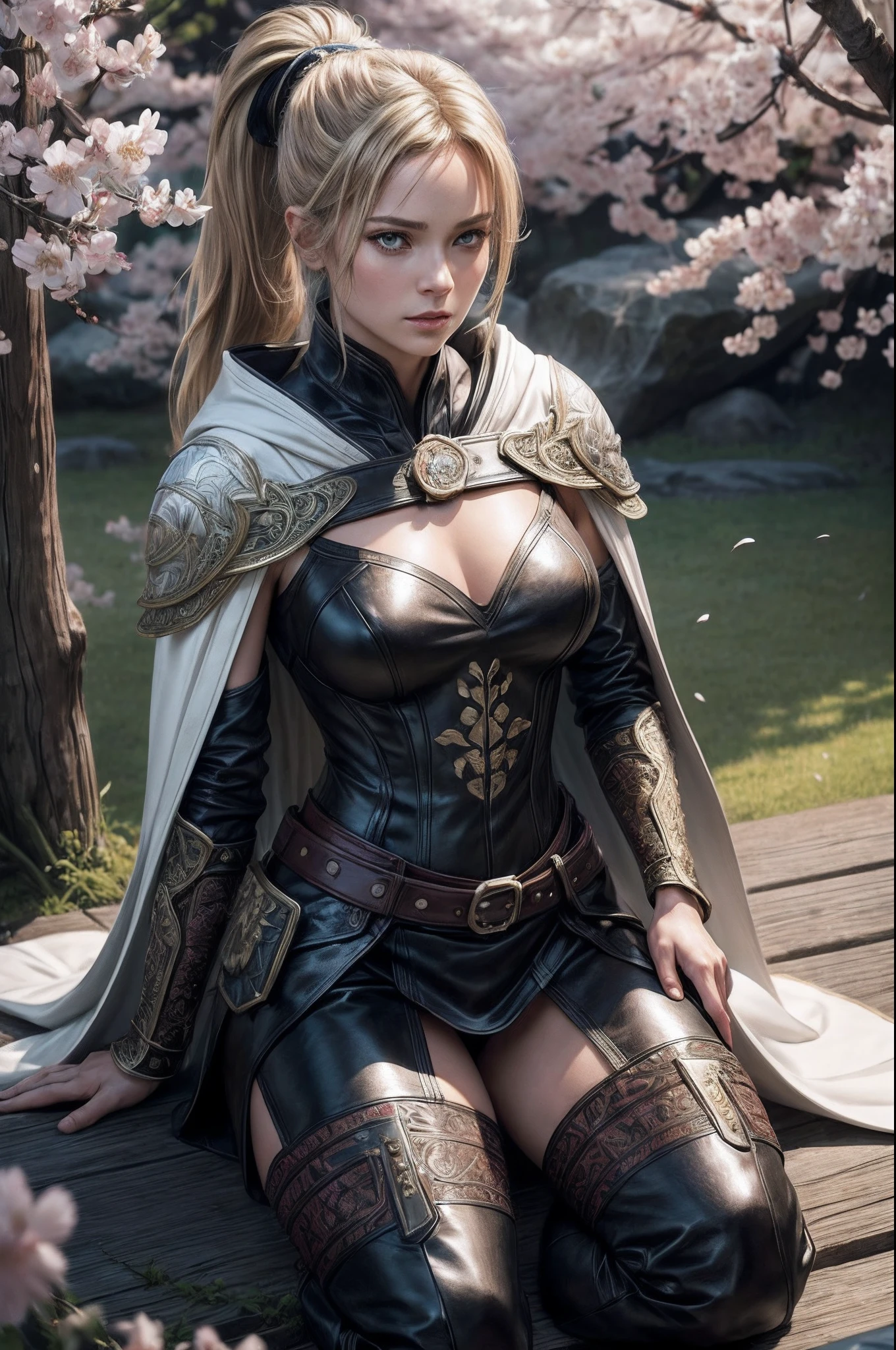 full body, sitting in library, holding a book, seductive pose, slow motion, IvoryGoldAI (rogue thief:1.2) female wearing full body multiple stitched layer (leather armor:1.2), neckline, (white silk cloak), (fabric with intricate pattern:1.2), (insanely detailed, bloom:1.5), (highest quality, Alessandro Casagrande, Greg Rutkowski, Sally Mann, concept art, 4k), (analog:1.2), (high sharpness), (detailed pupils:1.1), (painting:1.1), (digital painting:1.1), detailed face and eyes, Masterpiece, best quality, (highly detailed photo:1.1), 8k, photorealistic, (long dark blonde hair, ponytail haircut, ecstatic:1.1), (young woman:1.1), By jeremy mann, by sandra chevrier, by maciej kuciara, sharp, (perfect body:1.1), realistic, real shadow, 3d, (japanese sakura garden background:1.2), (by Michelangelo)