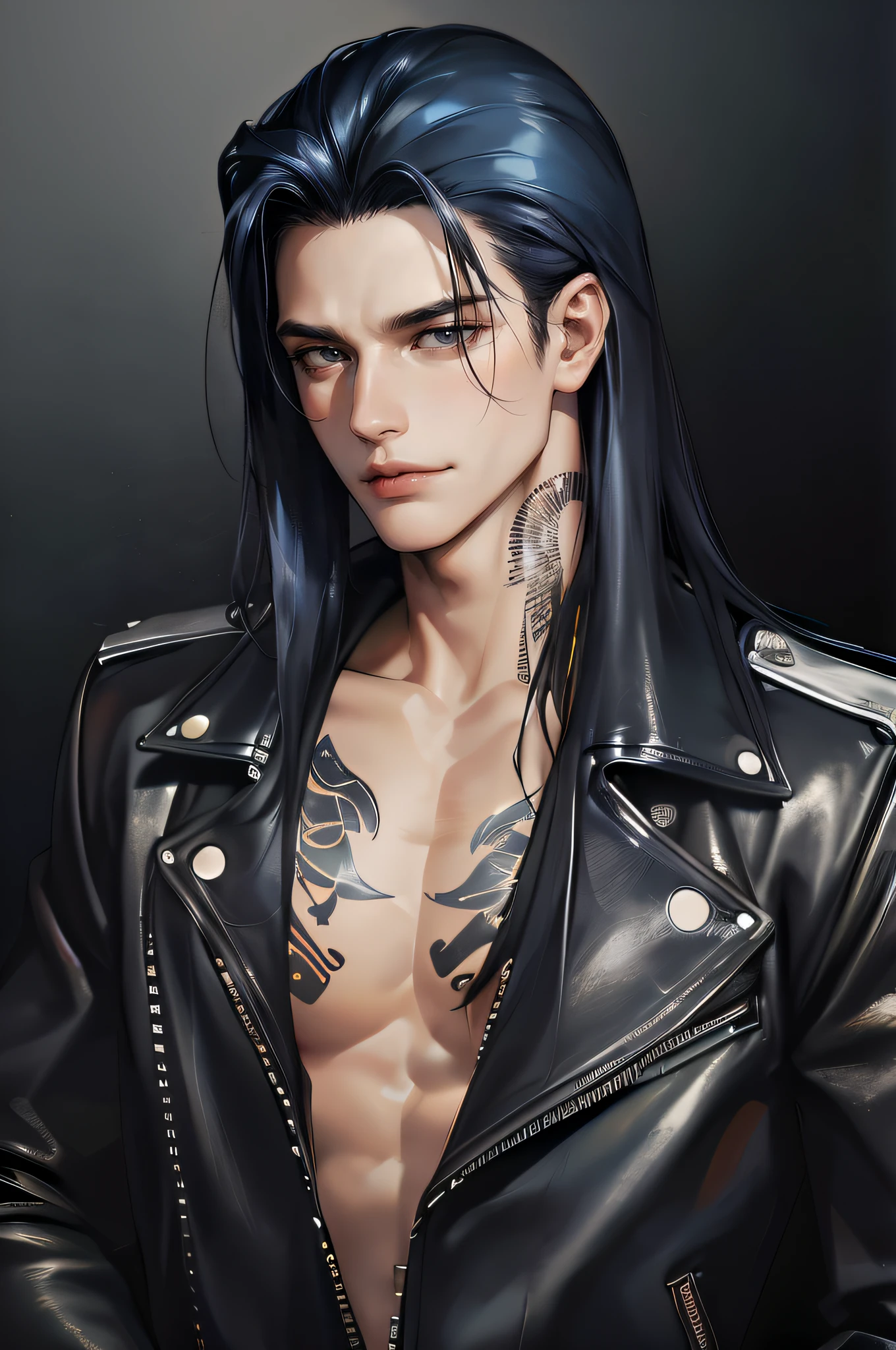 cover for a book, photography of a heavy metal star, a solo man, (((man))), (masculine face), 25 years old, singer, bad boy, (black eyes), expressive look, long dark blue black hair, (((bar background))), straight hair, blueshine hair, unshaven, black leather jacket, long sleve jacket, leather pants, chest tattoo, super detailed face, perfect body, perfect shapes, realistic image, award winning photography, 8k,