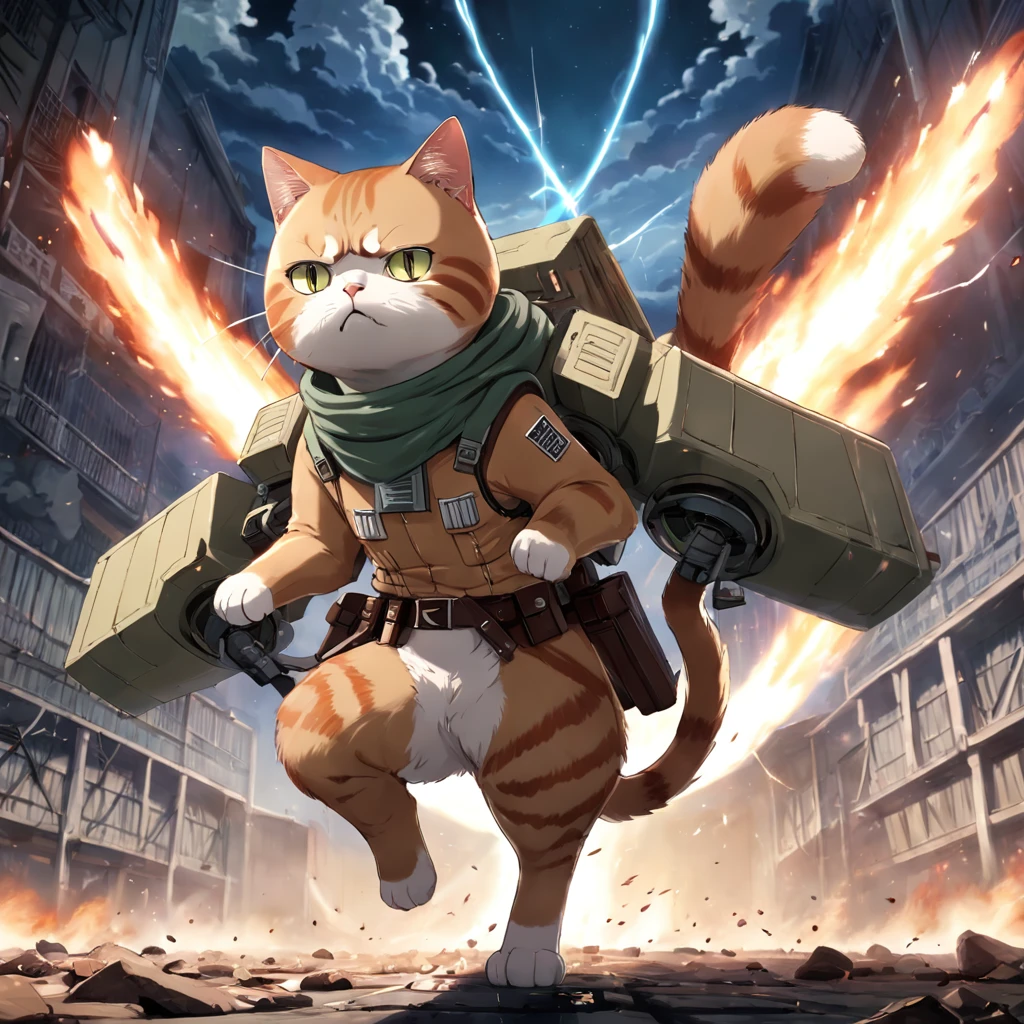 "An epic masterpiece featuring a cat wearing Attack on Titan maneuver gear, showcasing its heroic stance and fearless spirit."