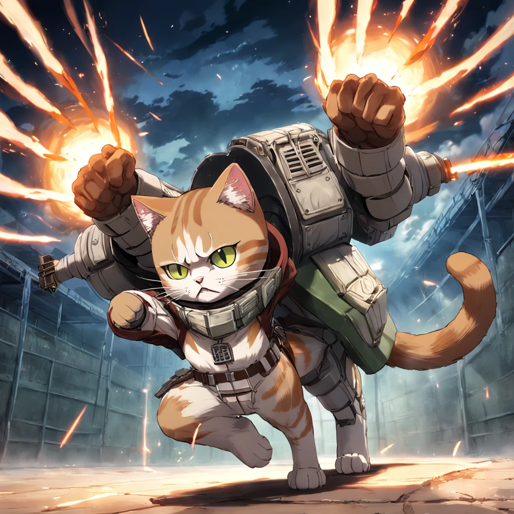 "An epic masterpiece featuring a cat wearing Attack on Titan maneuver gear, showcasing its heroic stance and fearless spirit."