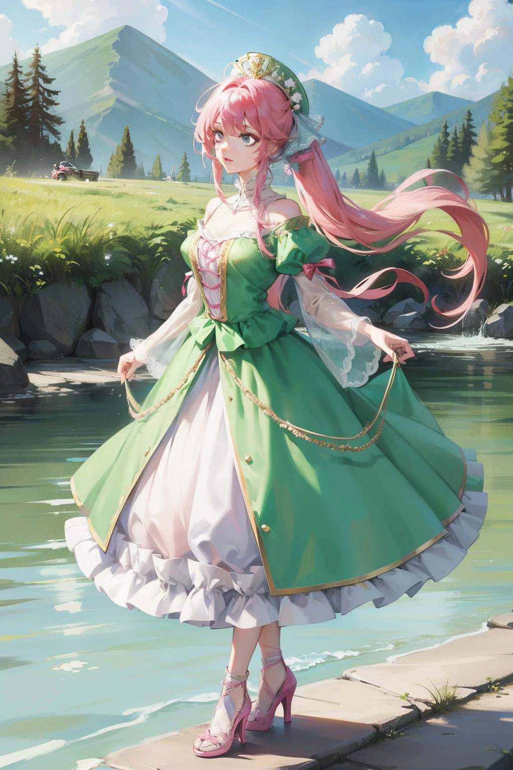 pink green hair，Beauty in period costume，Beautiful hair accessories，summer outfit，beside a river，Flowing costumes，Half yarn，frontage，High heels on the feet