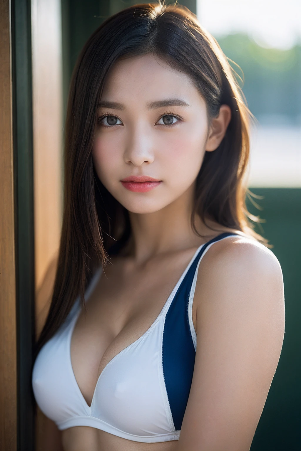 (Photoreal: 1.4), (Hyperrealistic: 1.4), (Realistic: 1.3), (Smooth Lighting: 1.05), (Improved Cinematic Lighting: 0.9), 32K, 1 Girl, 20 Year Old Girl, Realistic Lighting, Backlight, Face Lights, Ray Trace, (Whitening Light: 1.2), (Image Enhancement: 1.4), ( Best image quality real skin: 1.4), fine eyes, fine face, fine eyes, (increased mood of body line: 1.1), oversized breasts, big breasts, (increased beauty of skin texture: 1.1), school swimsuit that sticks to the body