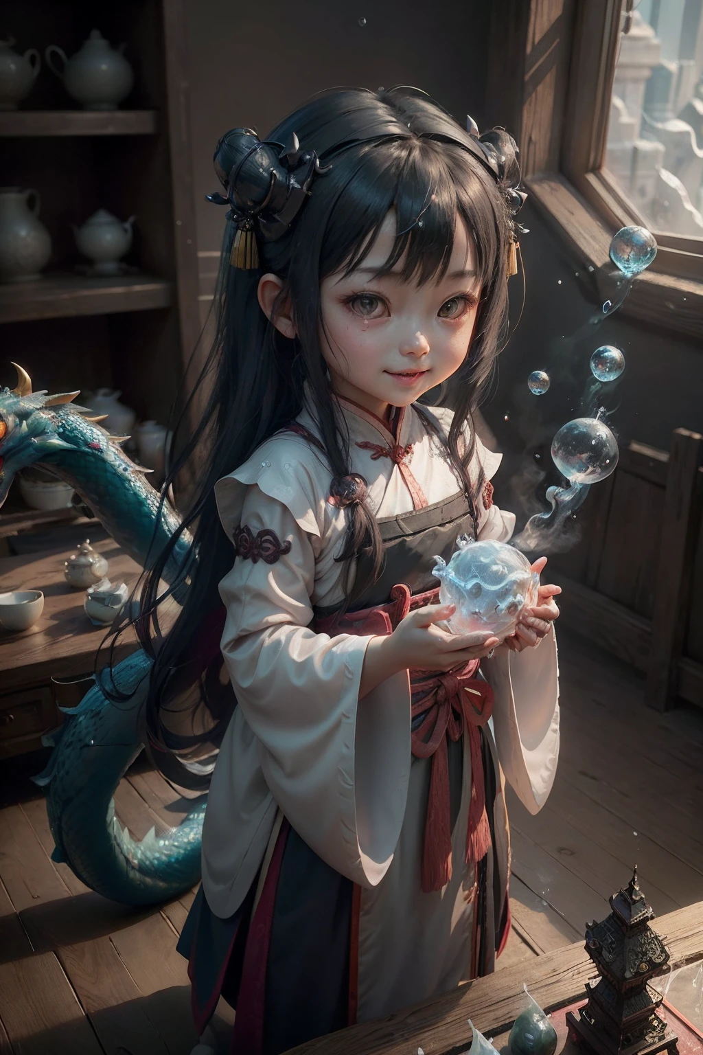 Chinese style, toys, ip, blindbox, magick, full bodyesbian, cute female child, Hanfu, good smile, long whitr hair, Super transparent, Transparent three-dragon material, ice cubes, Reflected light droplets,Particle, blueglow, Octane trend rendering on an art workstation, k hd, C4D,Moe Moe,Eau