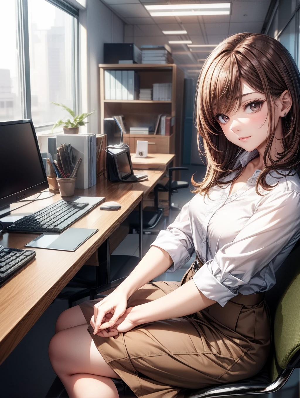 Best Quality, masutepiece, beautiful mature women、Beautiful face、Strong-minded woman、Office Suits、brown haired、Brown-eyed、Longhaire、Undersized eyes、Brown skirt、s Office、natta、overtime