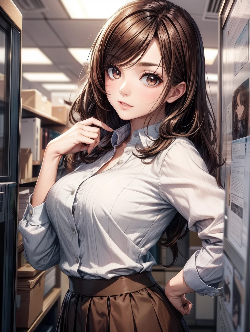 Best Quality, masutepiece, beautiful mature women、Beautiful face、Strong-minded woman、Office Suits、brown haired、Brown-eyed、Longhaire、Undersized eyes、Brown skirt、s Office、natta、overtime