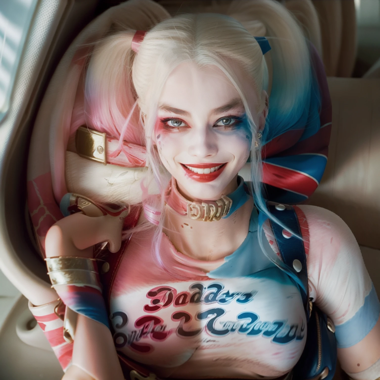 Harley Quinn，Powder blue gradient double ponytail sexy suspenders, 8K，guffaw，Unbridled laughter，a beauty girl，comic strip，anime big breast，Margot Robbie