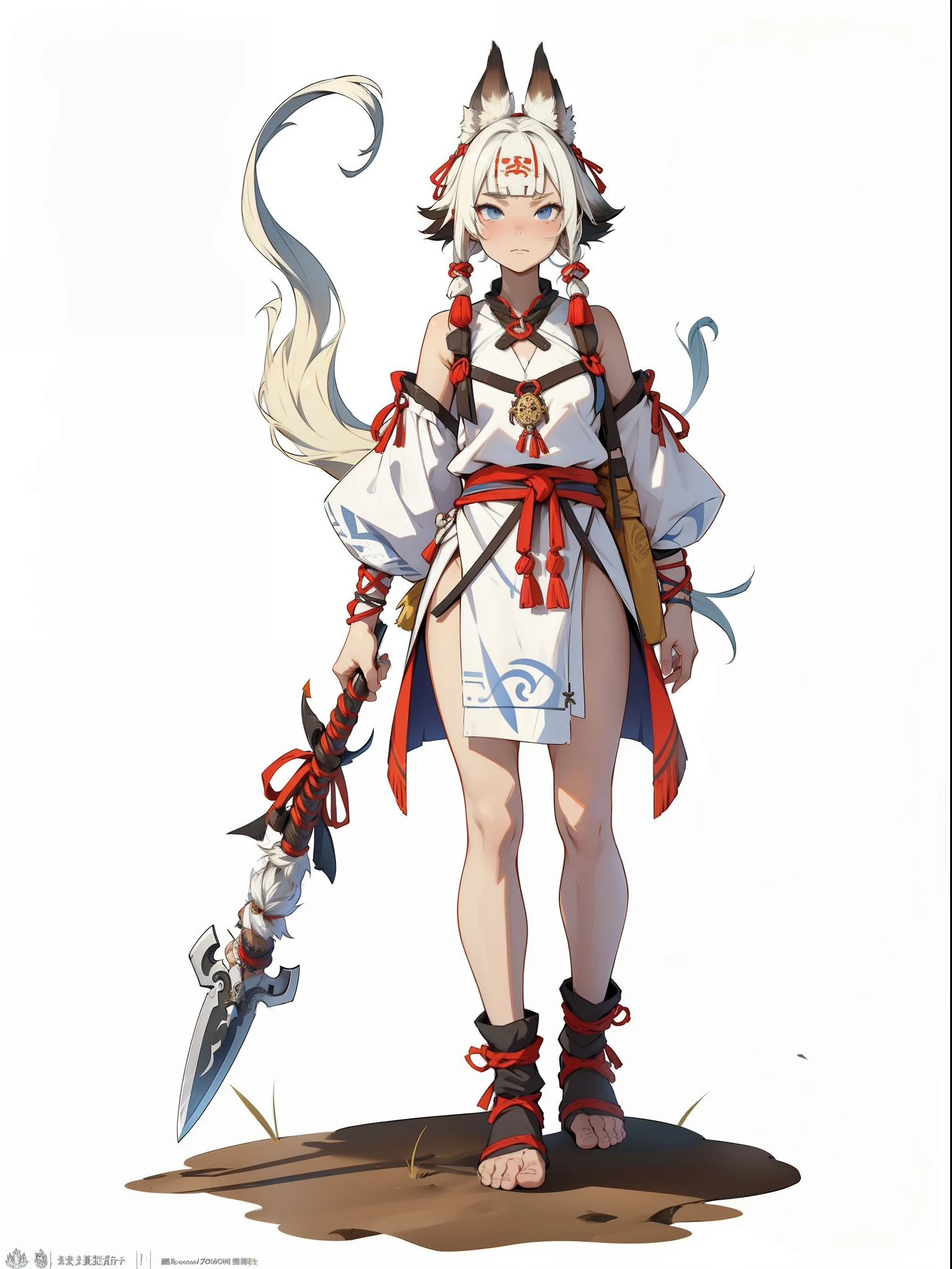 1girll ，1girll，(独奏)，full bodyesbian，European and American cartoon design，Primitive tribal elements，standing on your feet，Holding a weapon，feater，white backgrounid