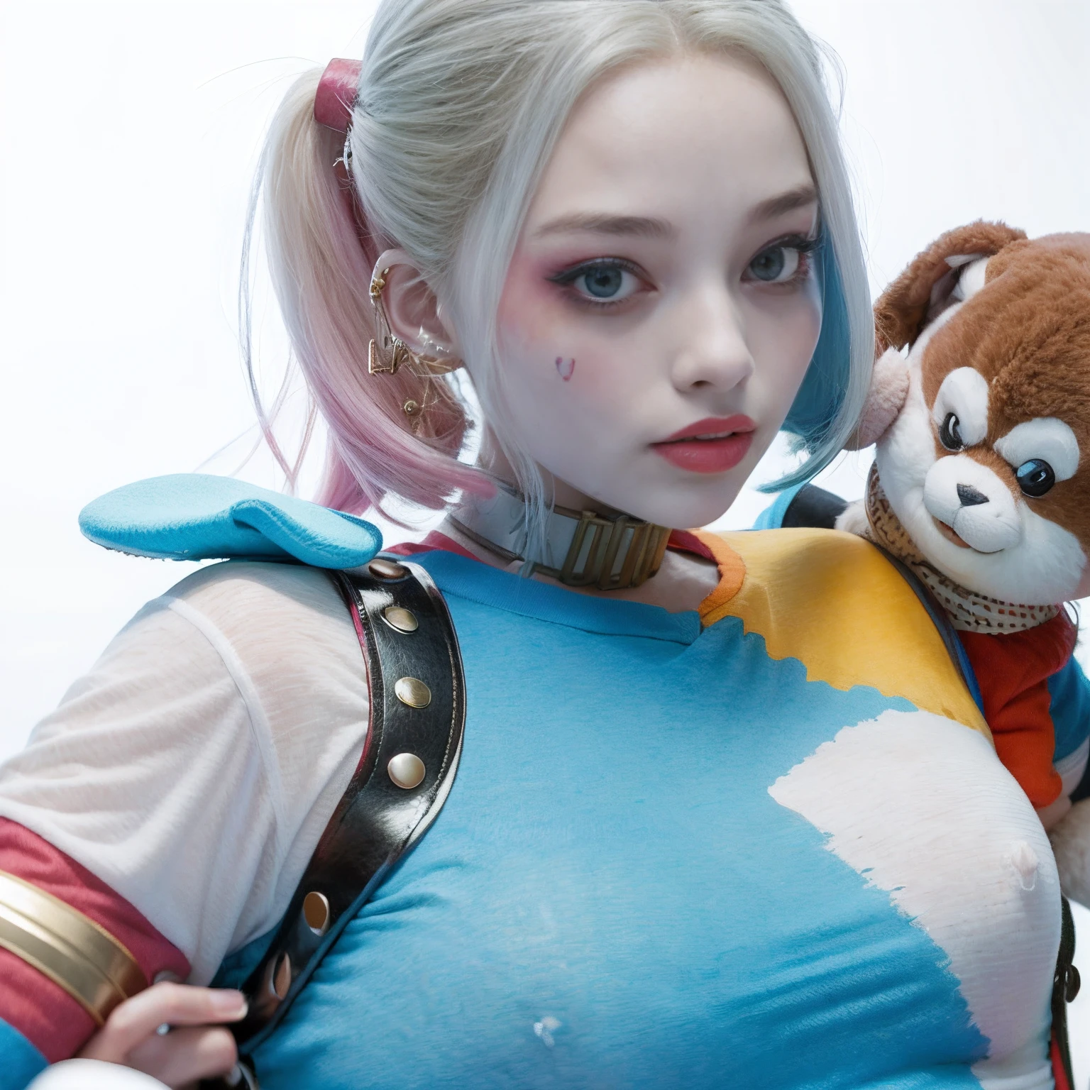 Halle Quinn holds a stuffed animal in her arms, Ruan cute vtuber, 8k selfie photograph, Clown Girl, jaeyeon nam, Li Zixin, dilraba dilmurat, Shot on Canon EOS R 6, lalisa manobal