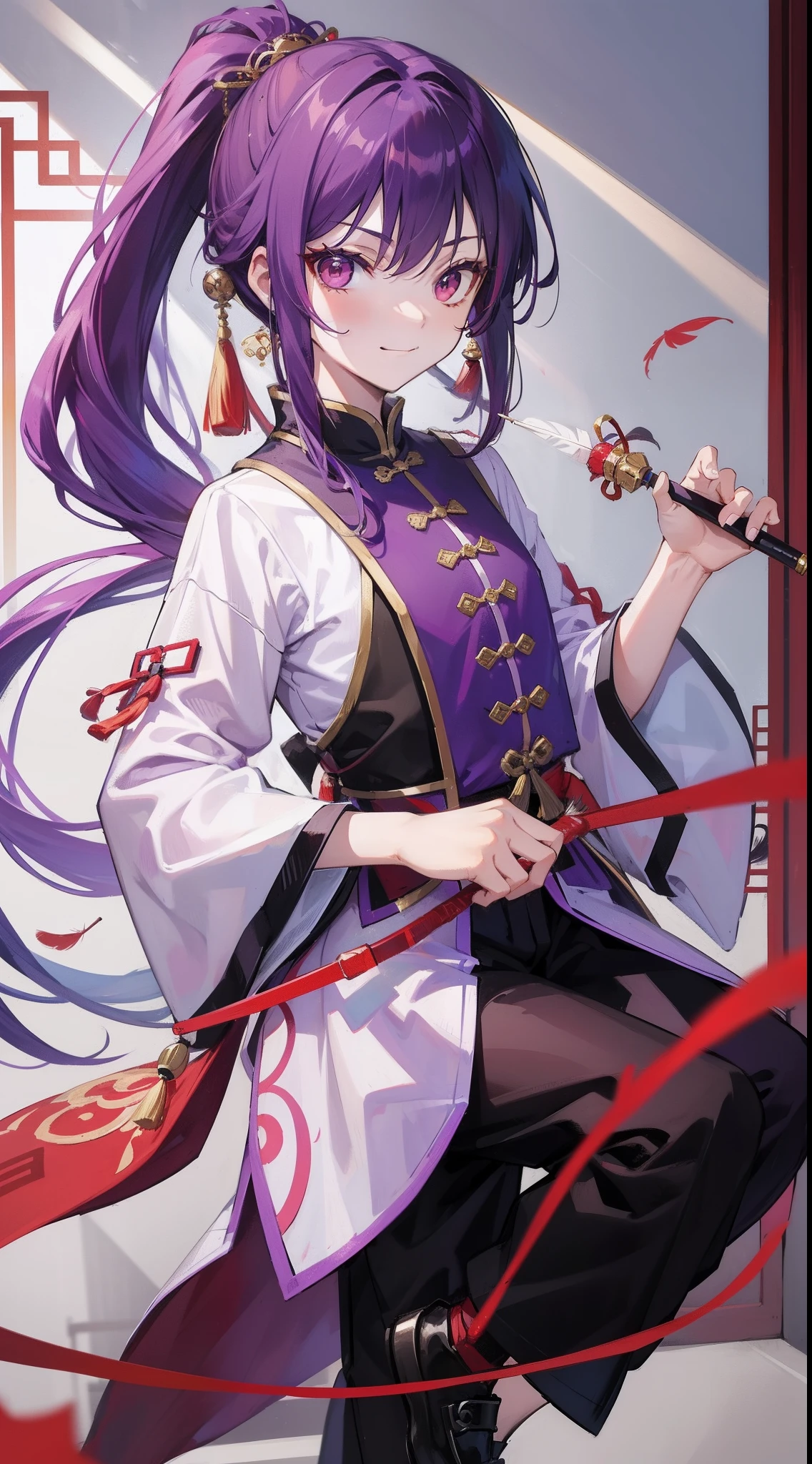 young boy, long purple hair, high ponytail, red-eyes, Chinese purple short-sleeved shirt, Via Hanifa, smirk, Feather Fan, Masterpiece, hiquality