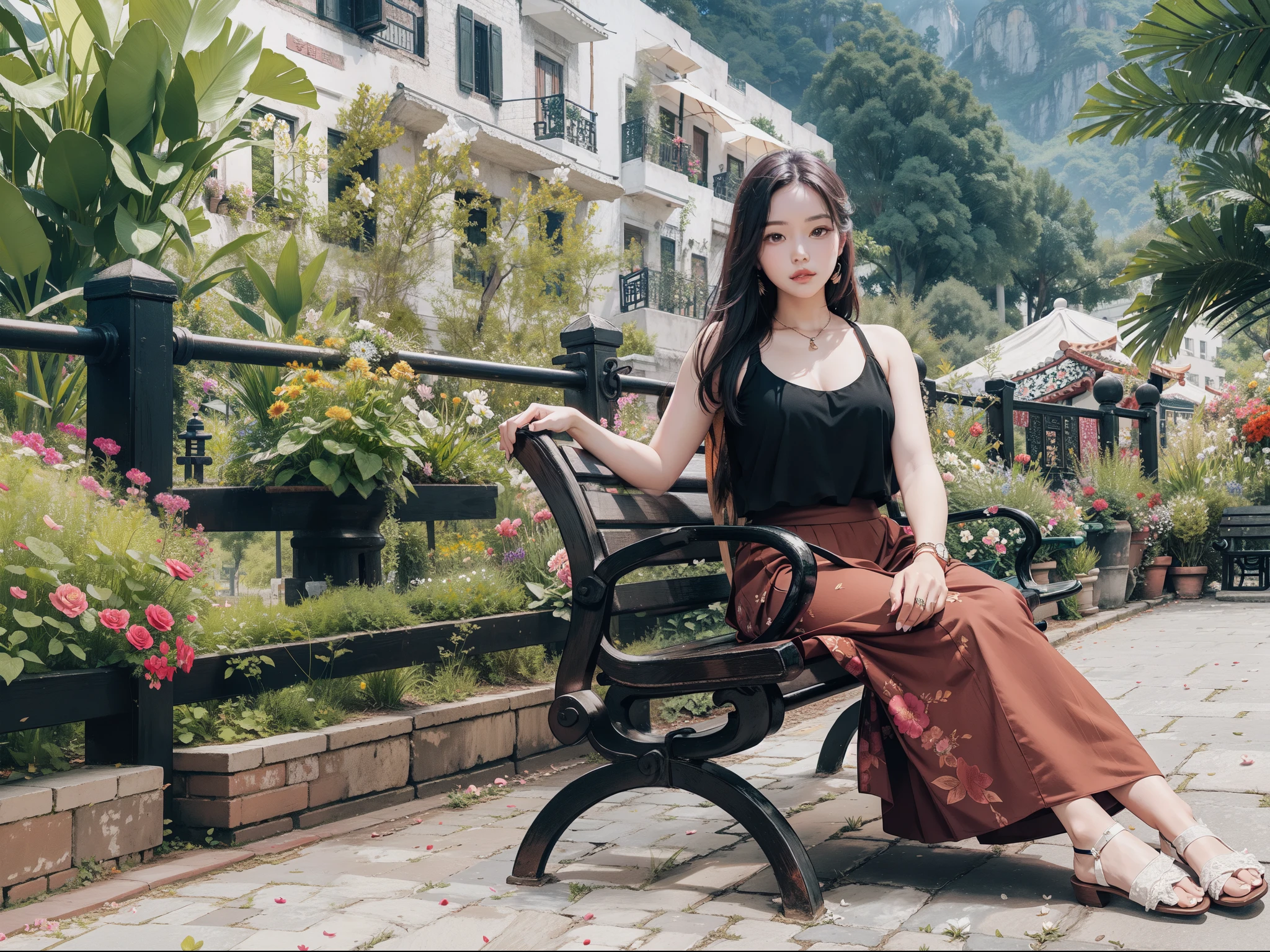 there is a woman wearing a black halter top, brown skirt sitting on a bench in a park, fanart, sitting with flowers, chinese girl,