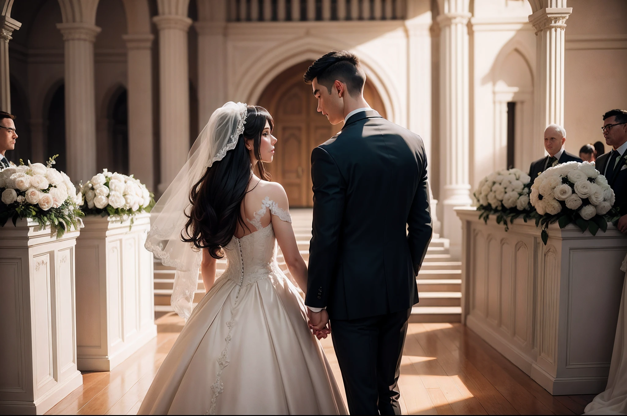 RAW photo, best,masterpiece, best quality, high quality, extremely detailed,bride and groom standing in front of altar looking at each other, wedding photo, wedding photography, bride and groom, photography, wedding, professional wedding photography, photo taken with nikon d750, photo taken with nikon d 7 5 0, lovely couple, portrait couples, noiseless post processing, color corrected, professionally retouched, sandra chevier, photo from behind