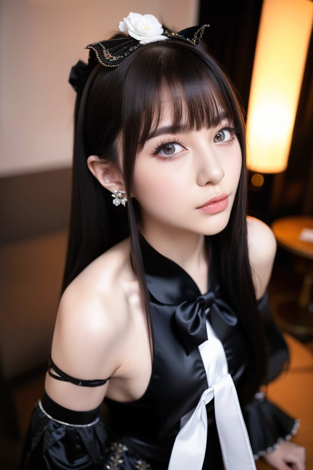Best quality, (Photorealistic:1.2), 1girll, Solo, Shiny skin, Detailed face, Face focus, standing, Black hair,(hair adornments:1.35), double tails, Japanese clothes, ribbon-trimmed sleeves, Detached sleeves, Ribbon trim, Wide sleeves, (view the viewer:1.5) Long hair, Black eyes, bangs, underwear, Lips,