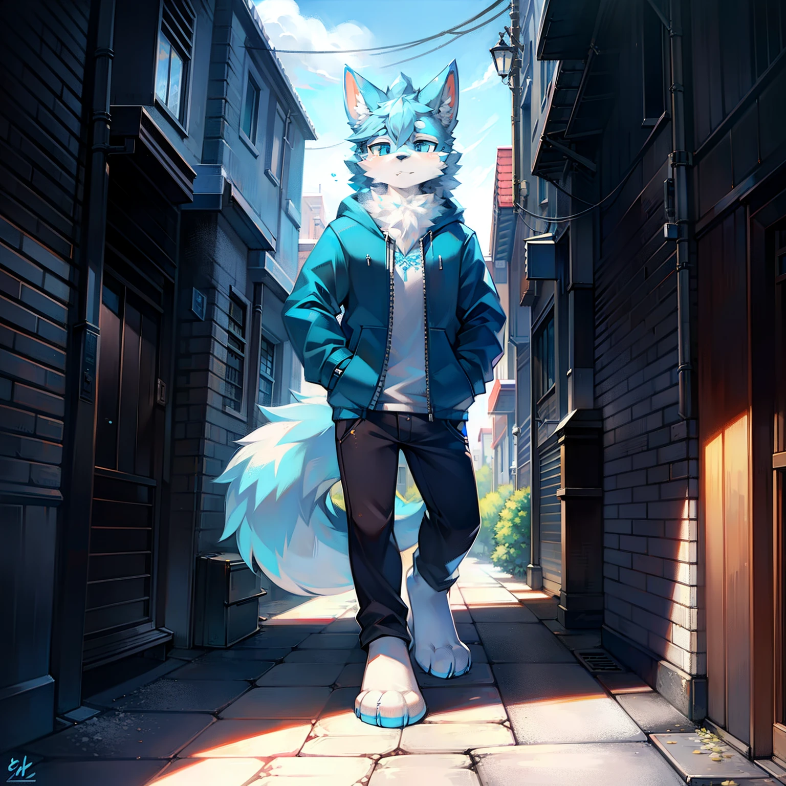 Blue-eyed Wolf Winter Street with half hands in pockets with Sunshine Street,Blue fur,angle of view,8K