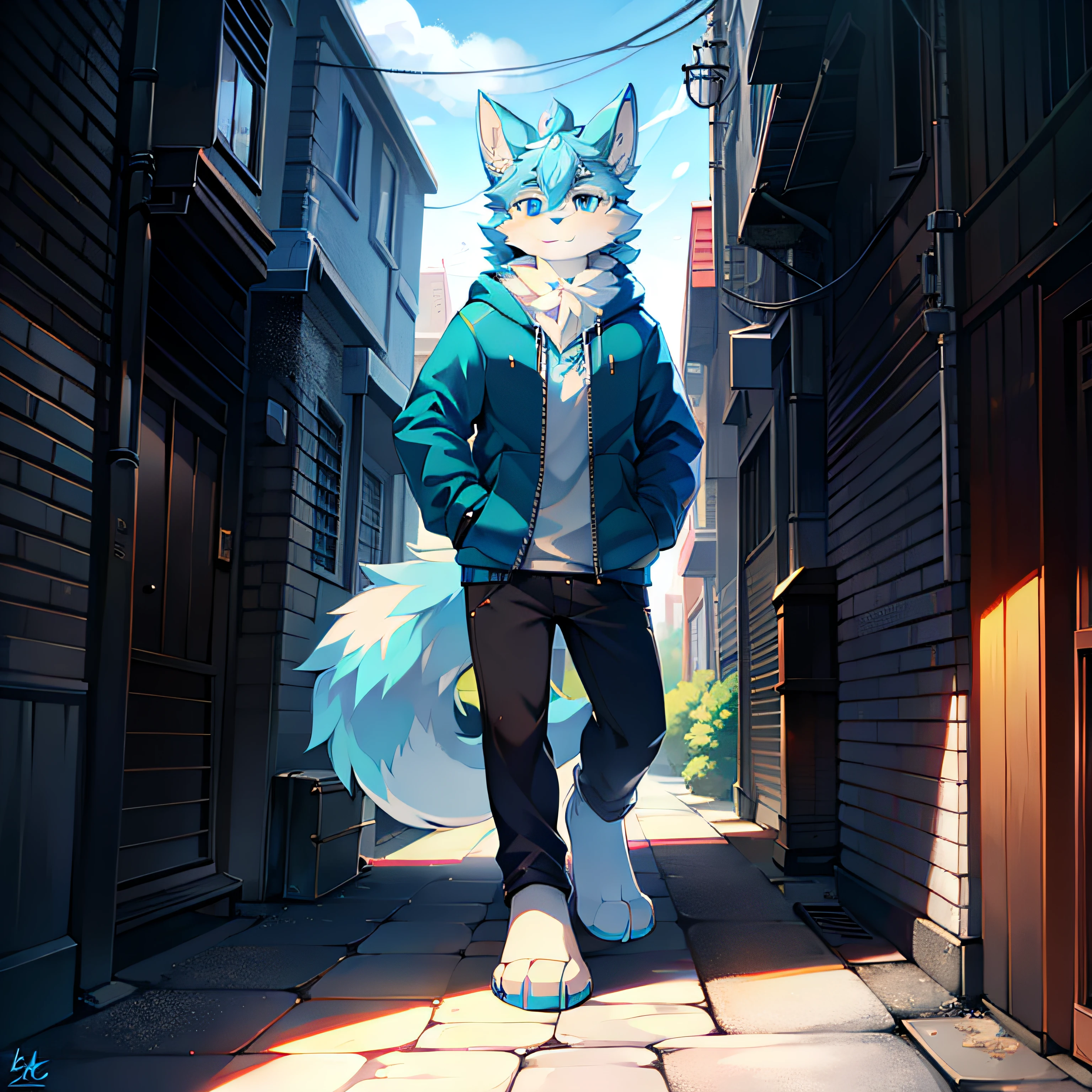 Blue-eyed Wolf Winter Street with half hands in pockets with Sunshine Street，Blue fur，angle of view，8K