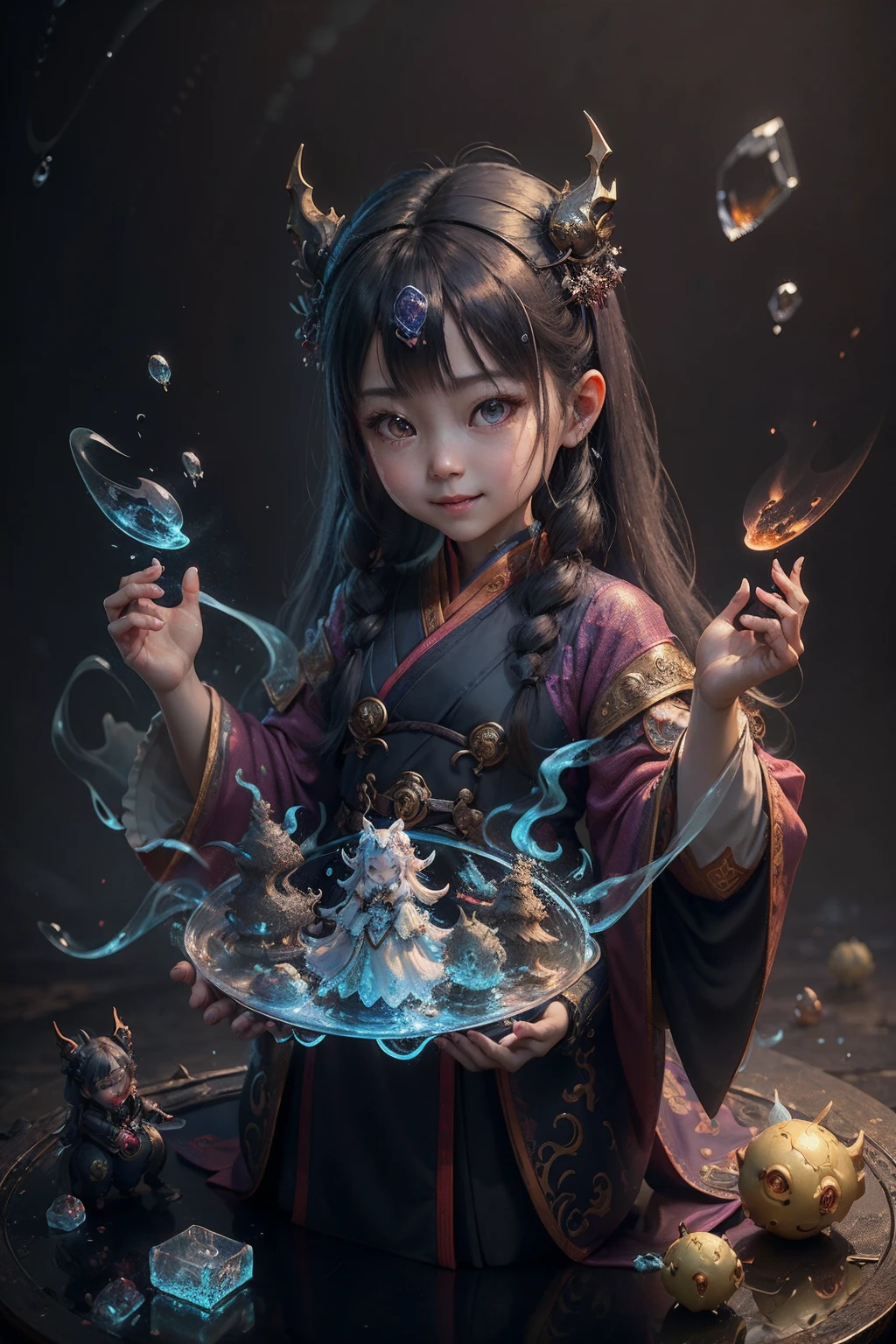 Chinese style, toys, ip, blindbox, magick, full bodyesbian, cute female child, Hanfu, good smile, long whitr hair, Super transparent, Transparent three-dragon material, ice cubes, Reflected light droplets,Particle, blueglow, Octane trend rendering on an art workstation, k hd, C4D,Moe Moe,Eau