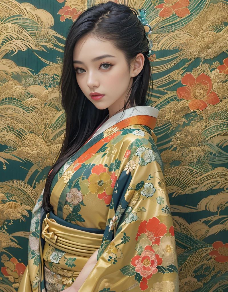 (Beautiful model in Japanese kimono commercial, beautiful straight long black hair), solo, ((face is 80% beauty and elegance, 20% pretty and cute:1.5)), clear eyes, (detailed eyes, light green eyes, bright pupils), Double Eyelids, (sexy lips with a little thickness:1.2), ((super detailed and incredibly high resolution Golden Kimono:1.2)), Highly Detailed Face Texture, striking body shape, curvy and very attractive woman, high-resolution RAW color photo pro photo, BREAK ultra high-resolution textures, High-res body rendering, big eyes, unparalleled masterpiece, incredible high resolution, super detailed, stunning ceramic skin, BREAK ((Facing back to show the pattern of the Kimono:1.5)), ((Wearing a Rinpa kimono that uses a lot of glittering golden:1.5)), ((The main color is golden and the Rinpa Kimono has very colorful embroidery:1.2)), (Half-collar and Obi are dark blue) ,(elaborately made classical Japanese Rinpa-style Kimono), ((The embroidery pattern is a peacock, a running water pattern, and colorful flowers):1.2), ((elaborately and elegantly decorated Golden Kimono)), (Take a photo in front of a Rinpa folding screen with a golden-coloured, navy-blue flowing water pattern)) BREAK ((Best Quality, 8k)), Crisp Focus:1.2, (Layer Cut, Big:1.2), (Beautiful Woman with Perfect Figure:1.4), (Beautiful and elegant rear view:1.3), Slender waist, (Correct hand shape:1.5), (Full body shot | cowboy shot)