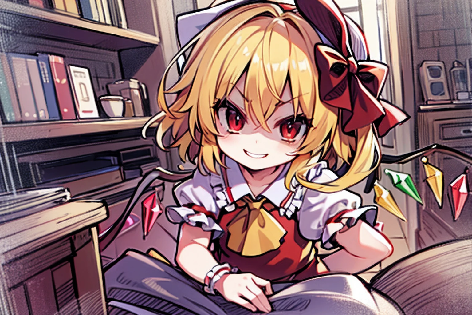 close range、High image quality、​masterpiece、One Person、(Flandre Scarlet)、Petite、One girl、Mean smile、shortsleeves、yellow  hair、Opening Mouth