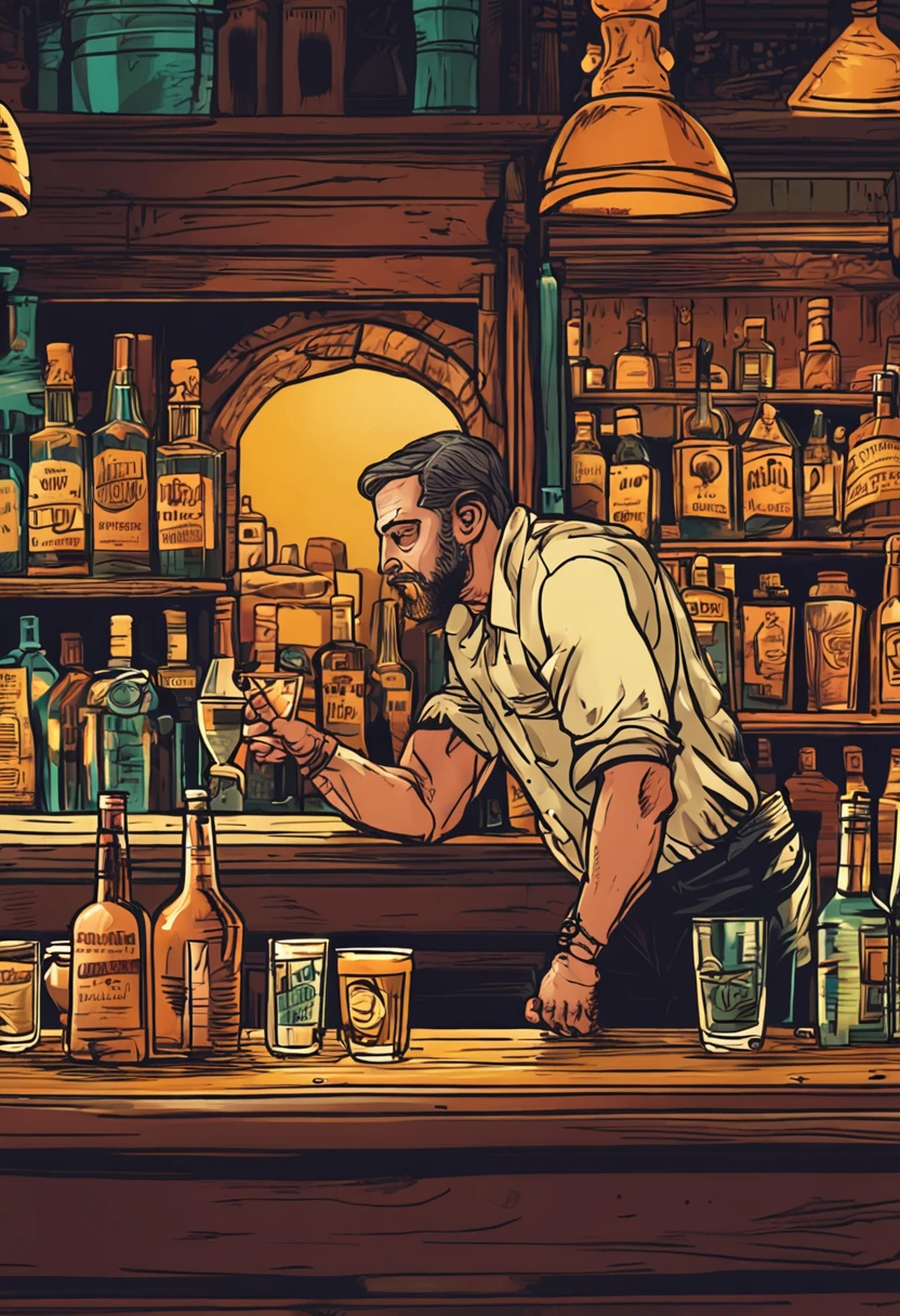 tired man orders a tequila in a bar, night, dim, tiredeness, tequila, perfect composition, highly detailed, lots of details, beautiful