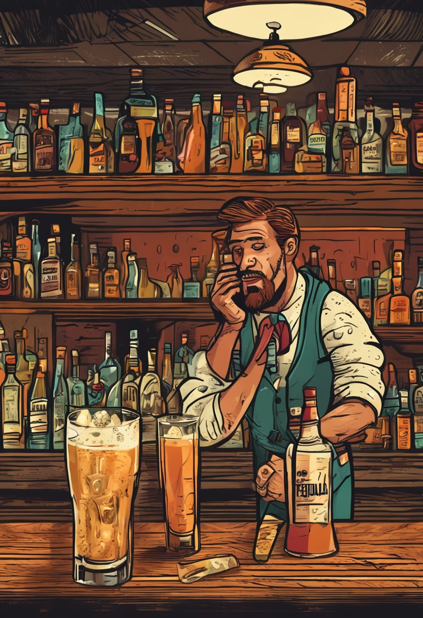 tired man orders a tequila in a bar, night, dim, tiredeness, tequila, perfect composition, highly detailed, lots of details, beautiful
