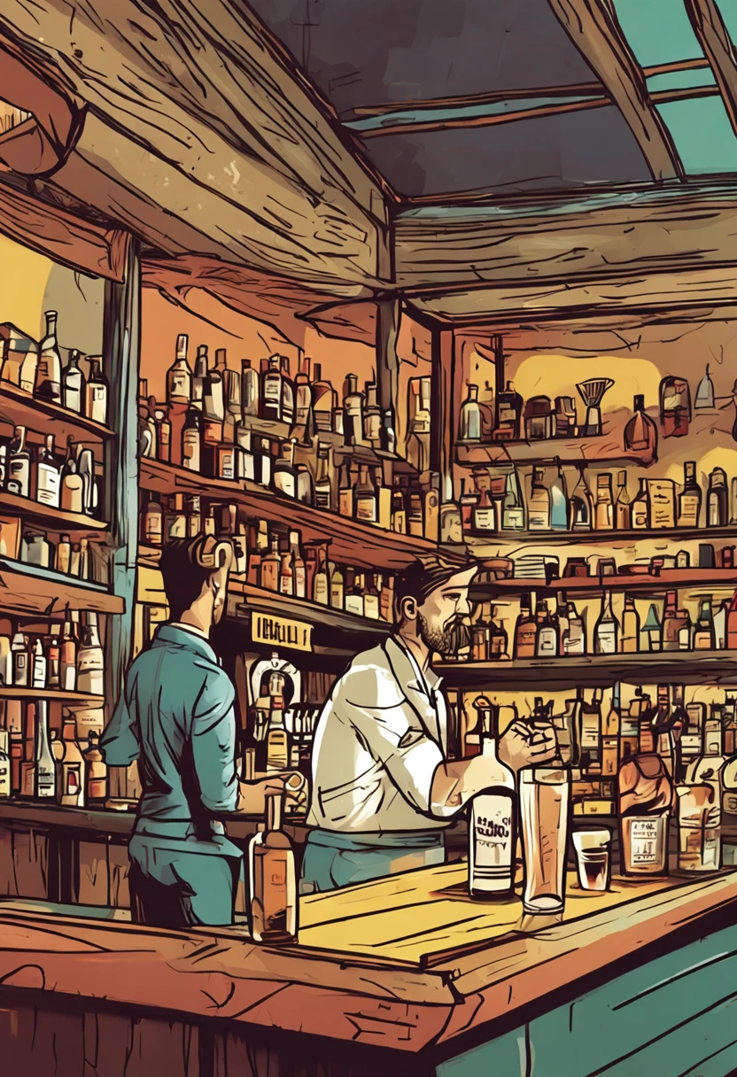 tired man orders a tequila in a bar, night, dim, tiredeness, tequila, perfect composition, highly detailed, lots of details, beautiful