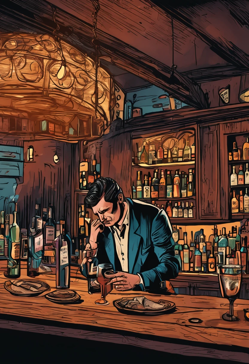 tired man orders a tequila in a bar, night, dim, tiredeness, tequila, perfect composition, highly detailed, lots of details, beautiful
