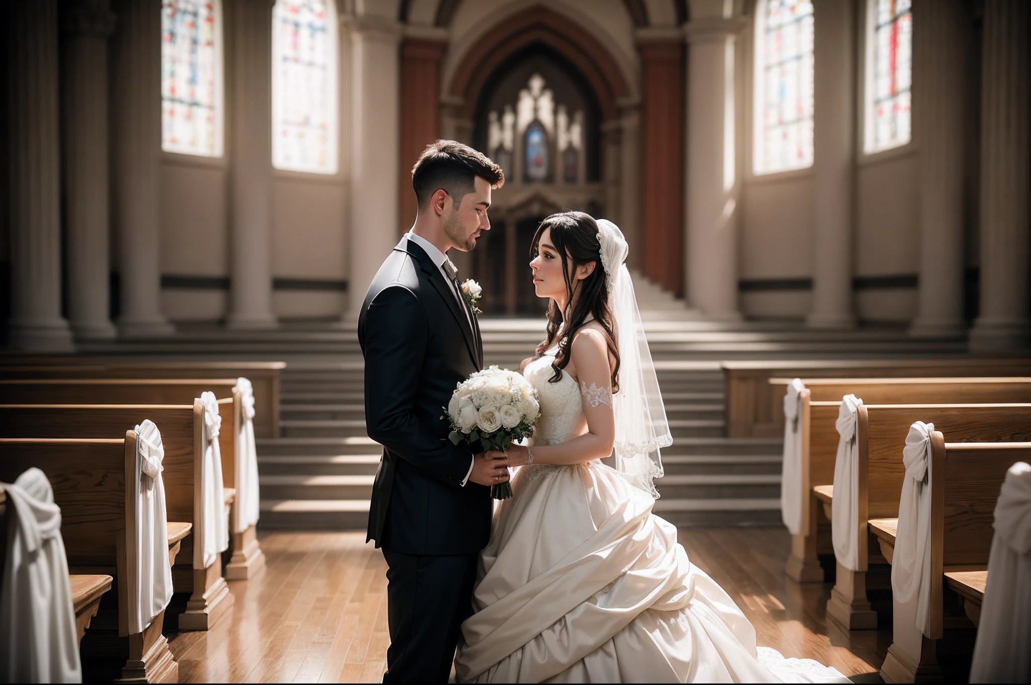 RAW photo, best,masterpiece, best quality, high quality, extremely detailed,bride and groom standing in front of altar looking at each other, wedding photo, wedding photography, bride and groom, photography, wedding, professional wedding photography, photo taken with nikon d750, photo taken with nikon d 7 5 0, lovely couple, portrait couples, noiseless post processing, color corrected, professionally retouched, sandra chevier, photo from behind