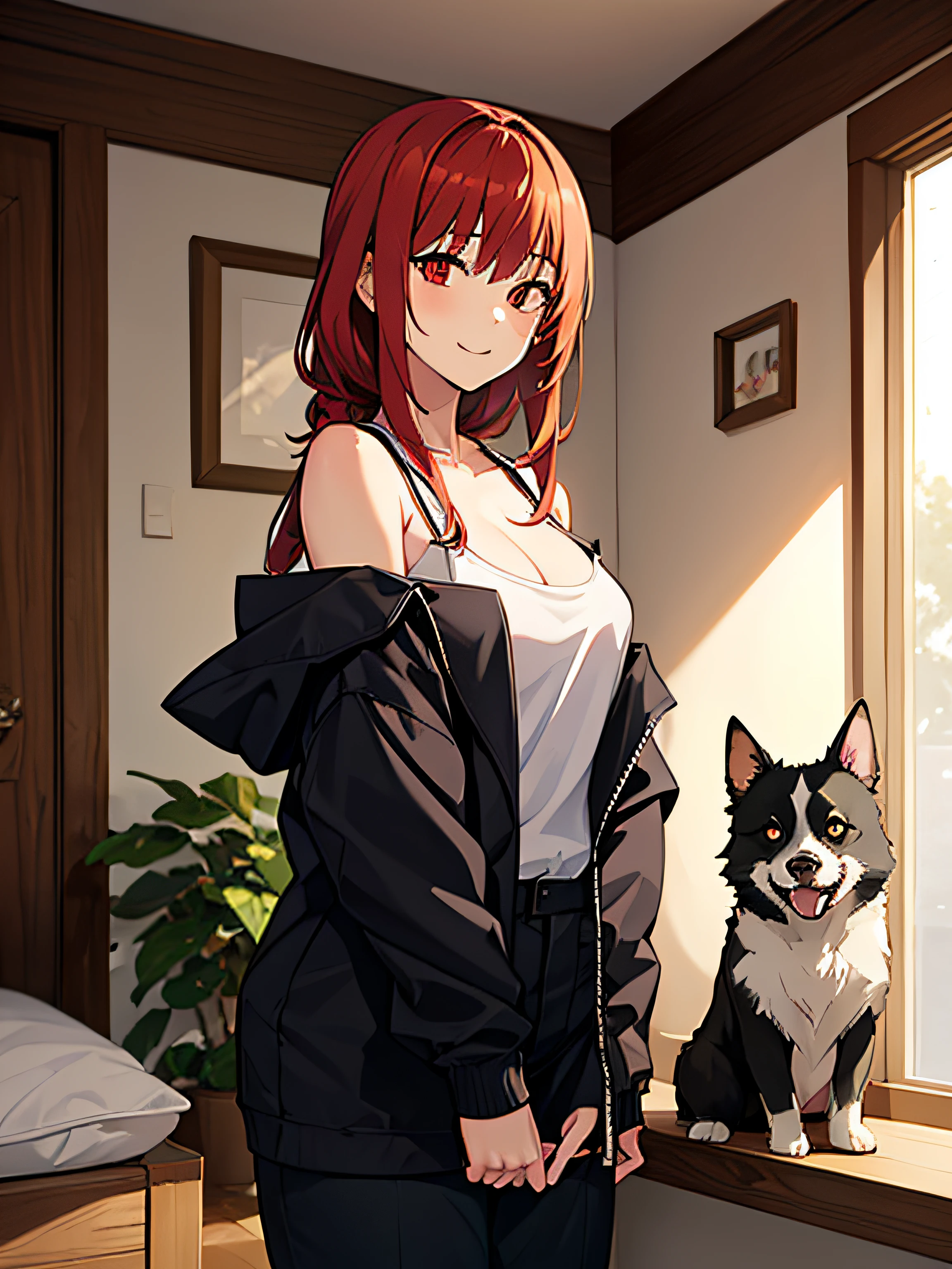 anime girl,red haired,facing the viewer, red eyes, full view, cute, hot, a pet dog