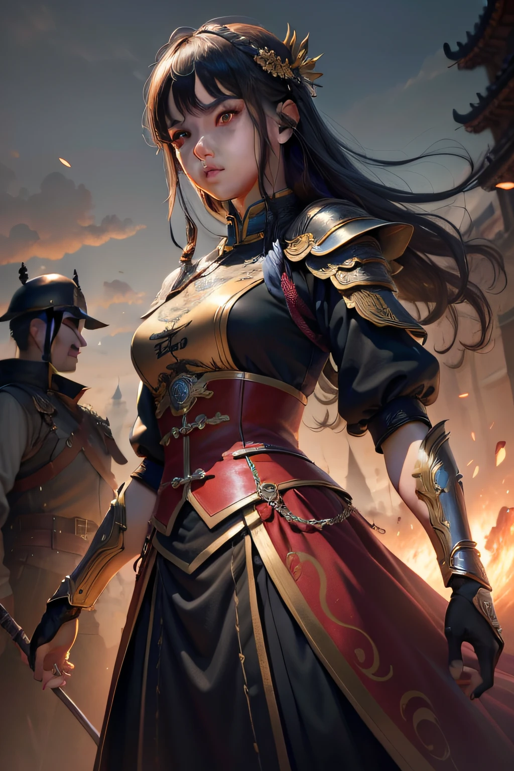 (Hyper-realistic) , (illustratio), (Increase the resolution), (8K), (extremely detaile), (Most Best Illustration), (美丽细致的眼睛), (best qualtiy), (ultra - detailed), (tmasterpiece), ( wallpaper), (详细的脸) 1 Chinese Warrior Ancient City Background Tech Figures Tallest Masterpiece Detailed Face Vista Exquisite Details Mechanical Equipment Guards Dookat,详细的脸, in the darkness nigth, deep shading, low tune,pureerosfaceace_v1, Cold