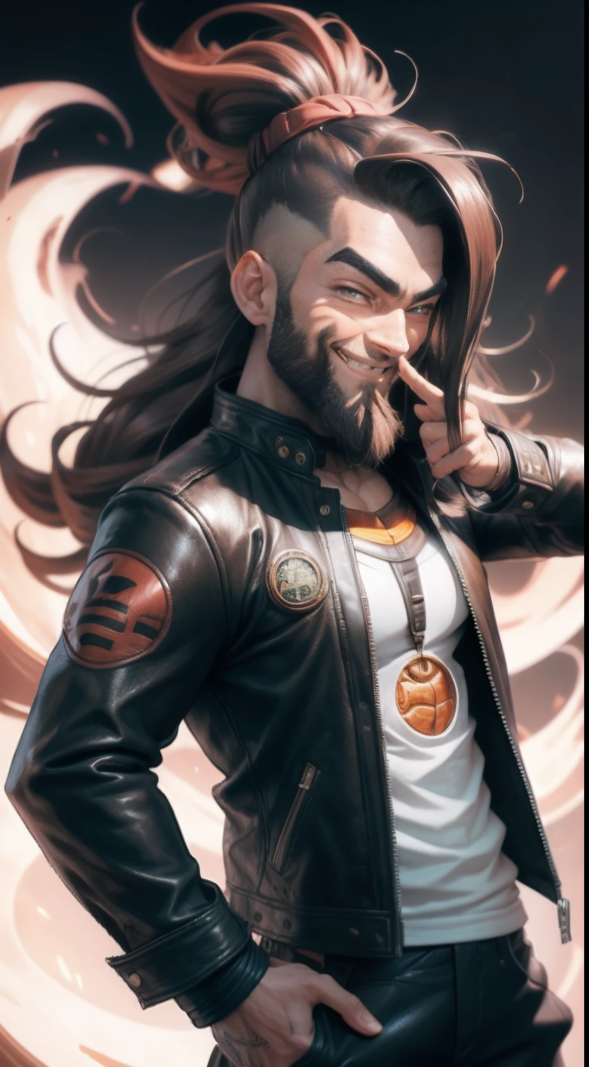 Dragon Ball style,The middle finger pointed to his head,Brown eyes,Long beard, Long hair, topknot, Smiling, Leather jacket, Capsule company logo on jacket